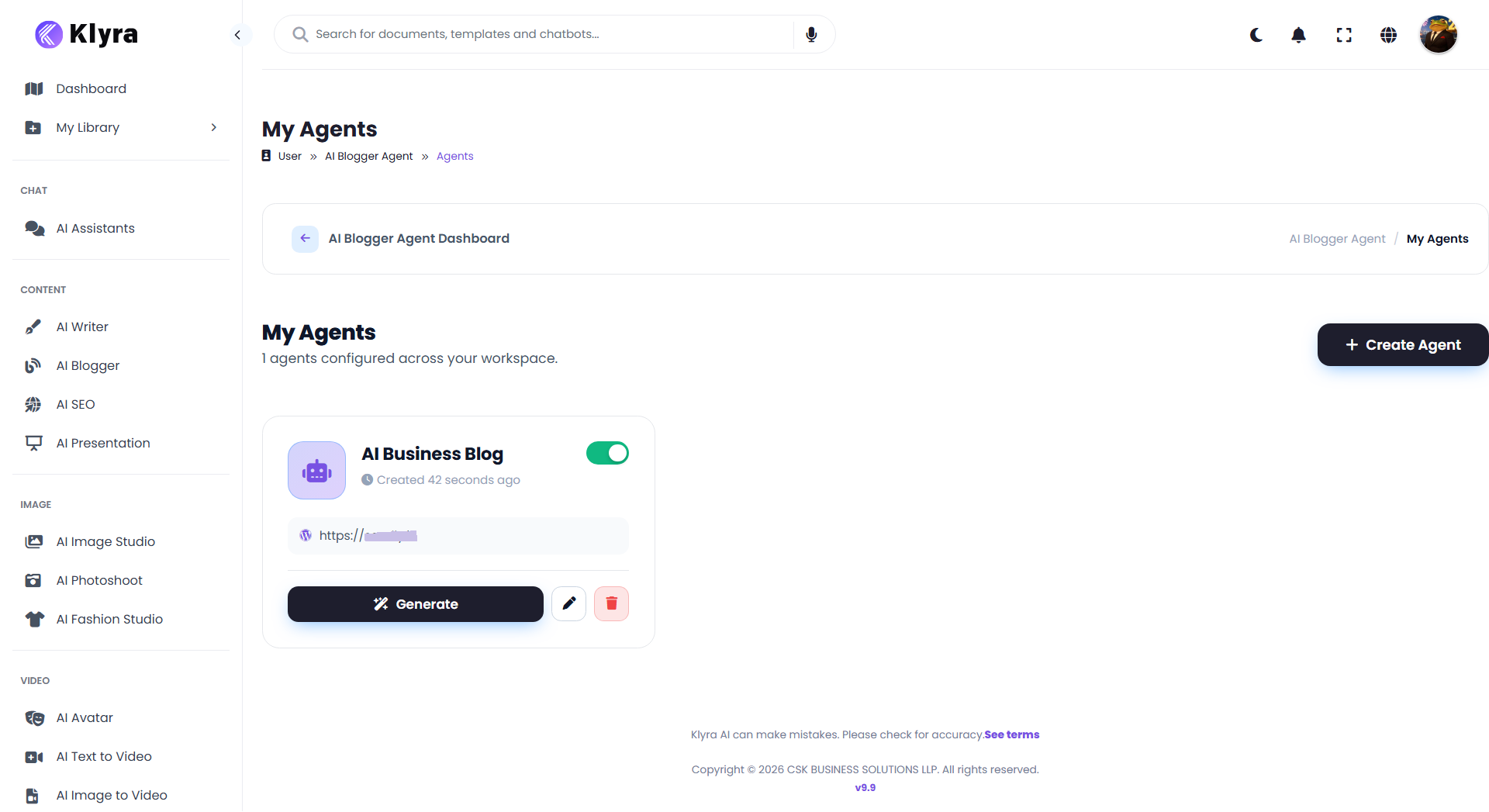 AI Blogger dashboard showing the Create AI Blogger button and agent overview
