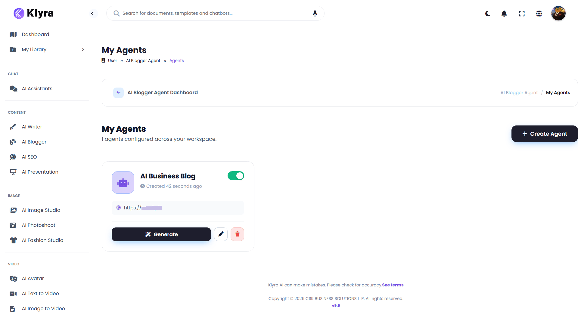 AI Blogger dashboard showing the Create AI Blogger button and agent overview