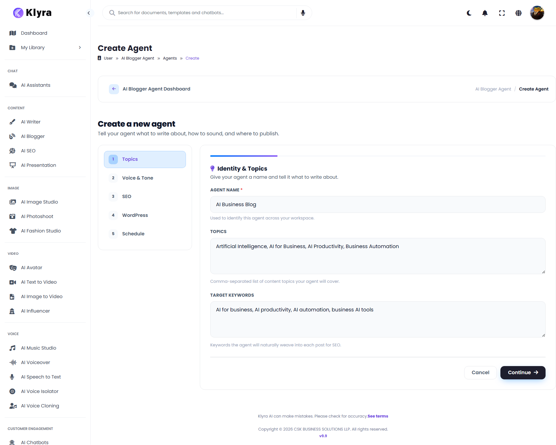 AI Blogger Create Agent Topics step showing agent name, topics, and target keywords