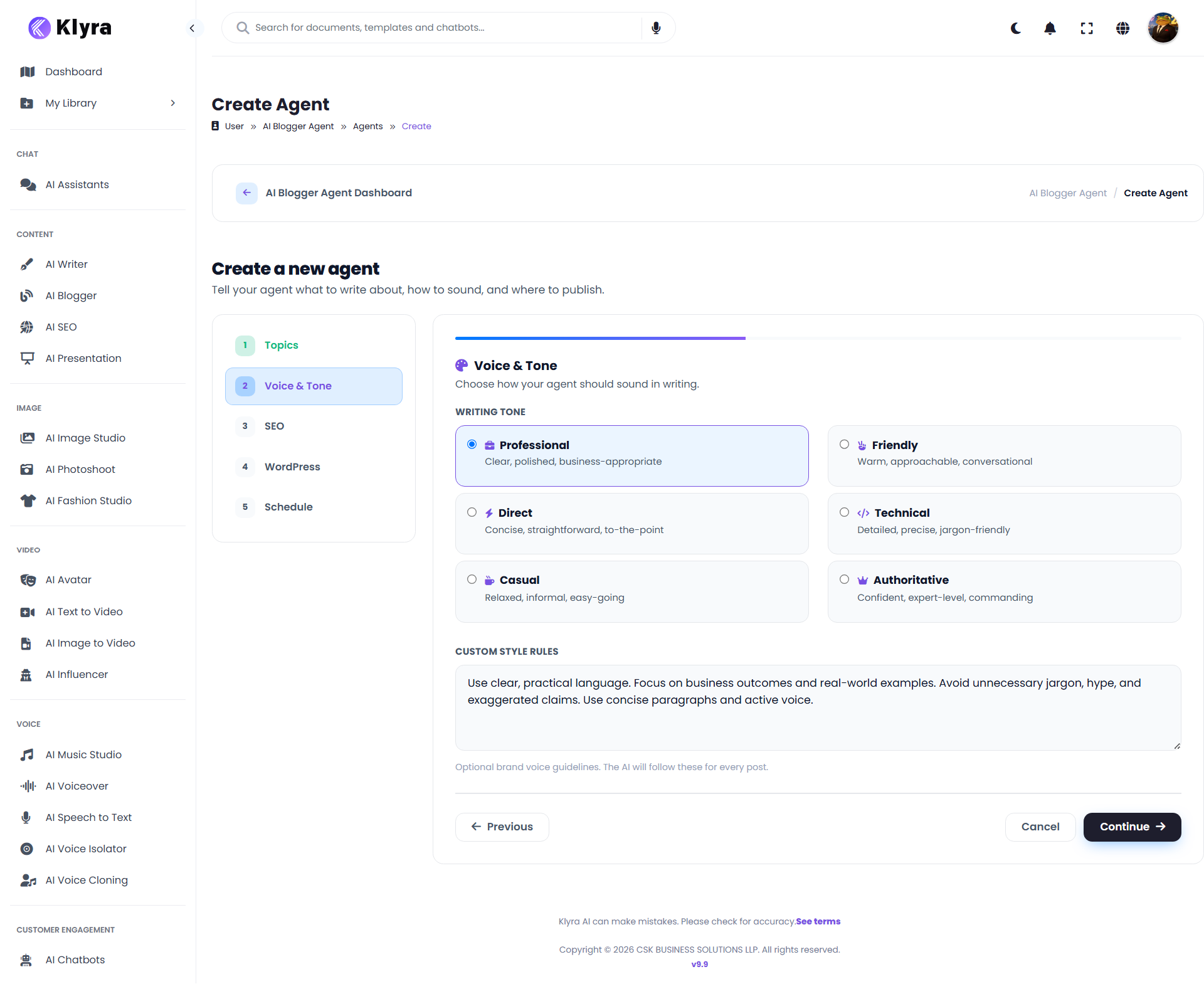 AI Blogger Create Agent Voice and Tone step showing writing tone options and custom style rules