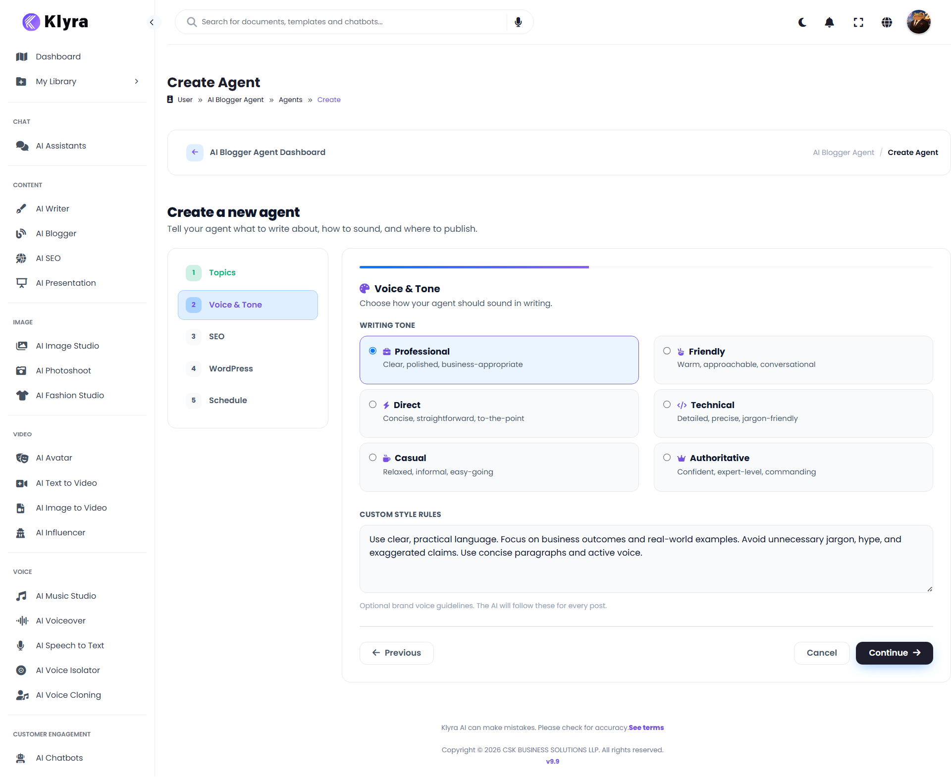 AI Blogger Create Agent Voice and Tone step showing writing tone options and custom style rules
