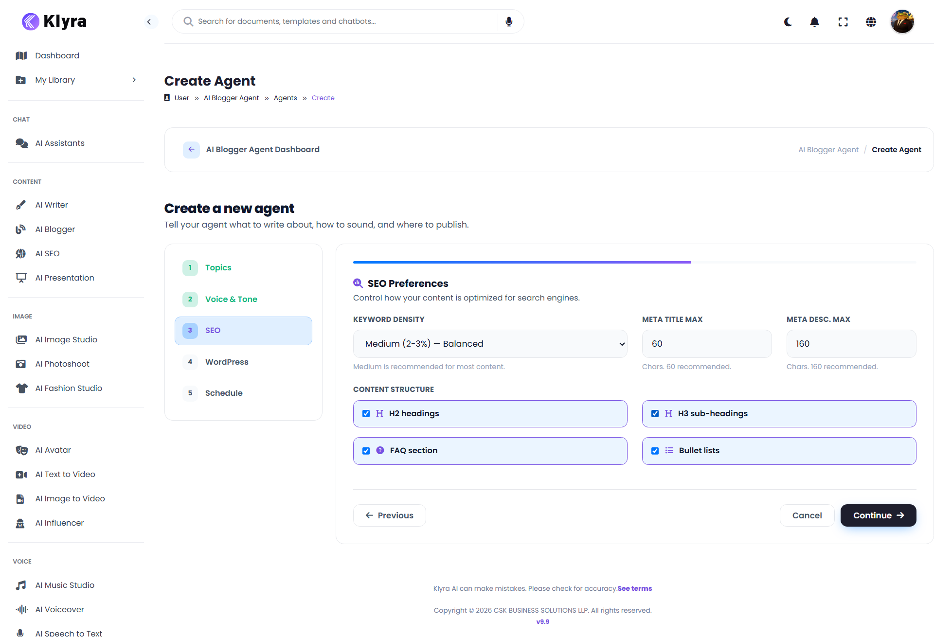 AI Blogger SEO Preferences step showing keyword density, metadata limits, and content structure options