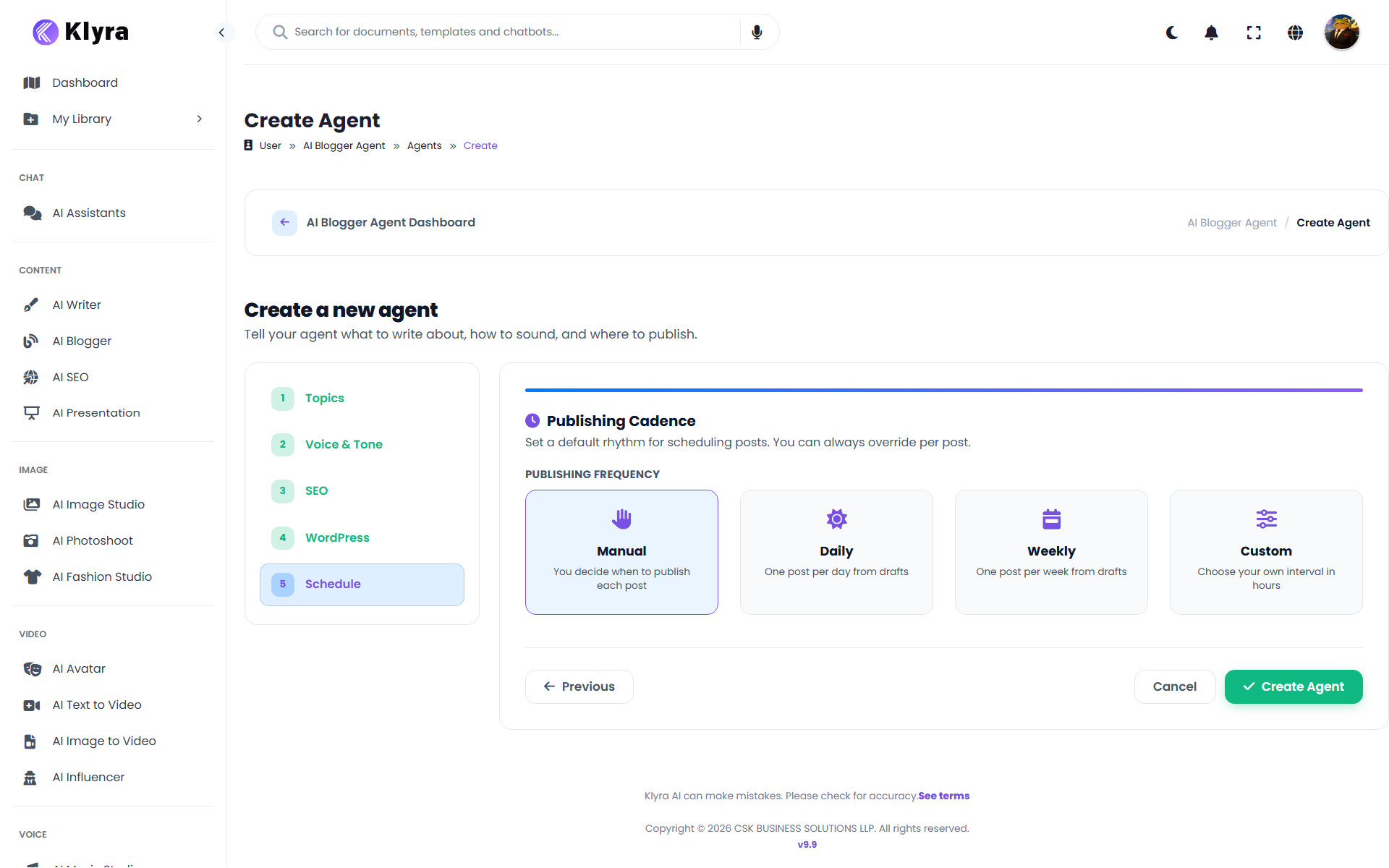 AI Blogger Publishing Cadence step showing Manual, Daily, Weekly, and Custom options