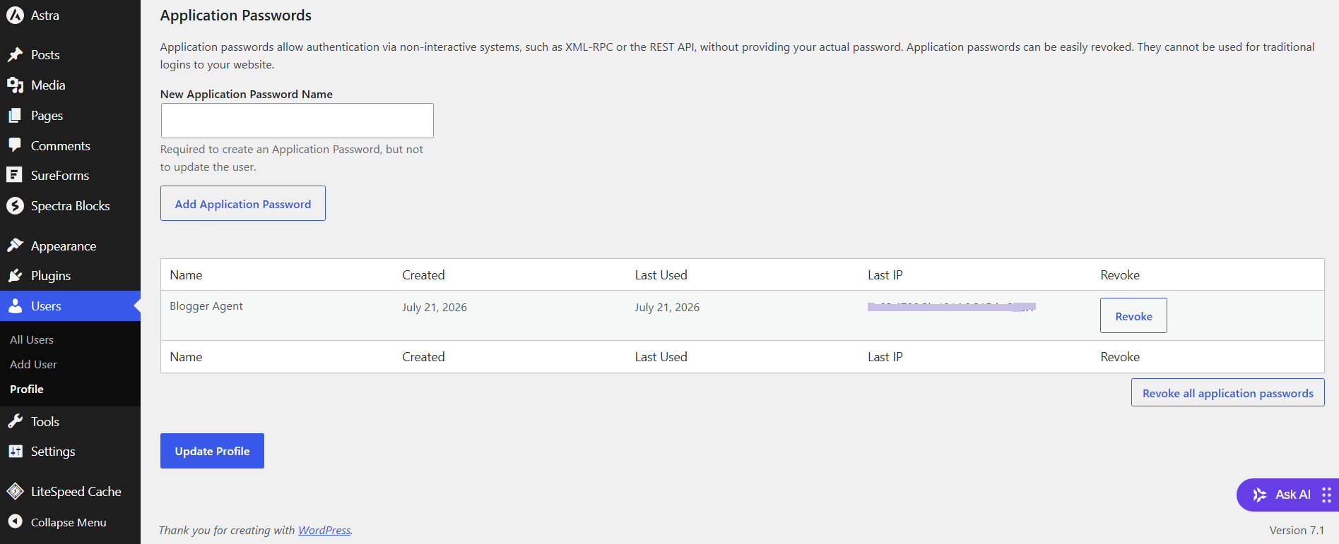 WordPress Application Passwords screen showing an existing Blogger Agent application password