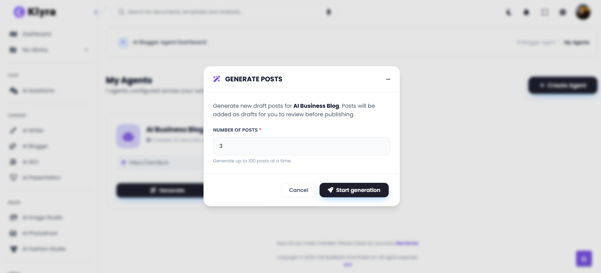Generate Posts dialog showing the number of posts field and Start generation button