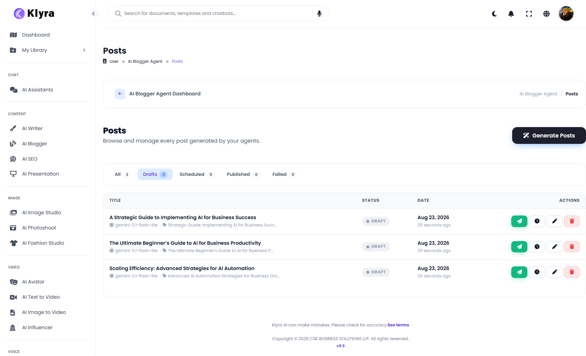 AI Blogger Posts page showing generated draft posts and post actions
