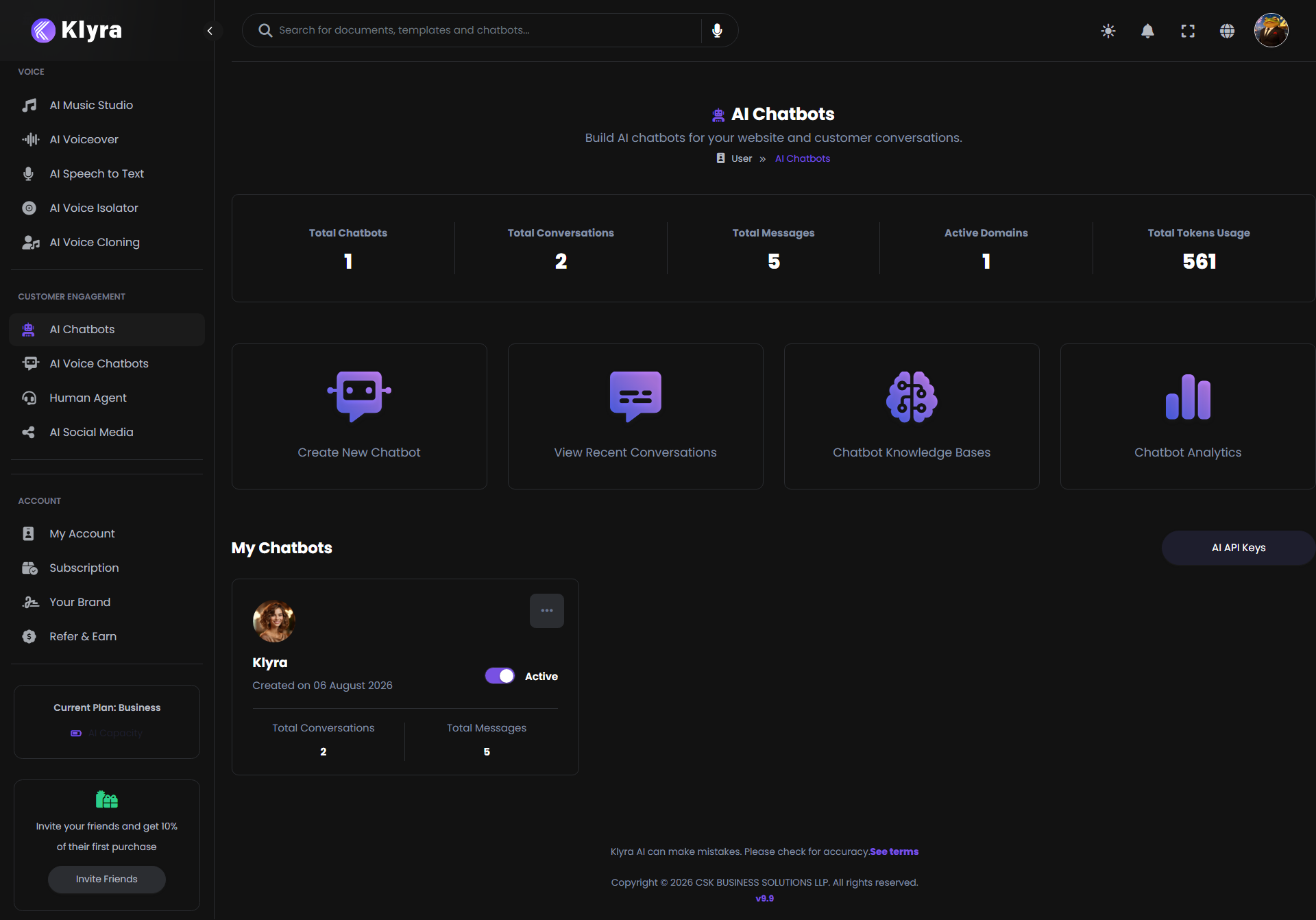 Klyra AI Chatbots dashboard showing chatbot metrics, creation shortcuts, and an existing chatbot