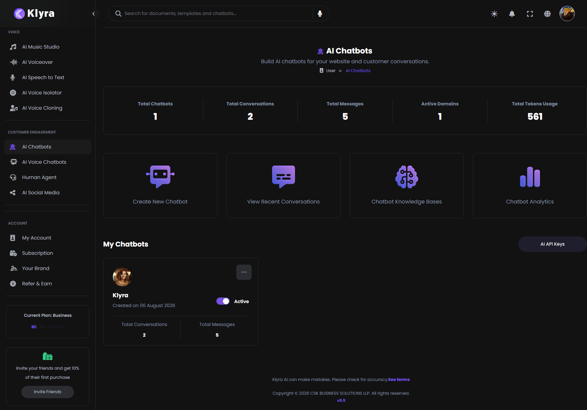 Klyra AI Chatbots dashboard showing chatbot metrics, creation shortcuts, and an existing chatbot