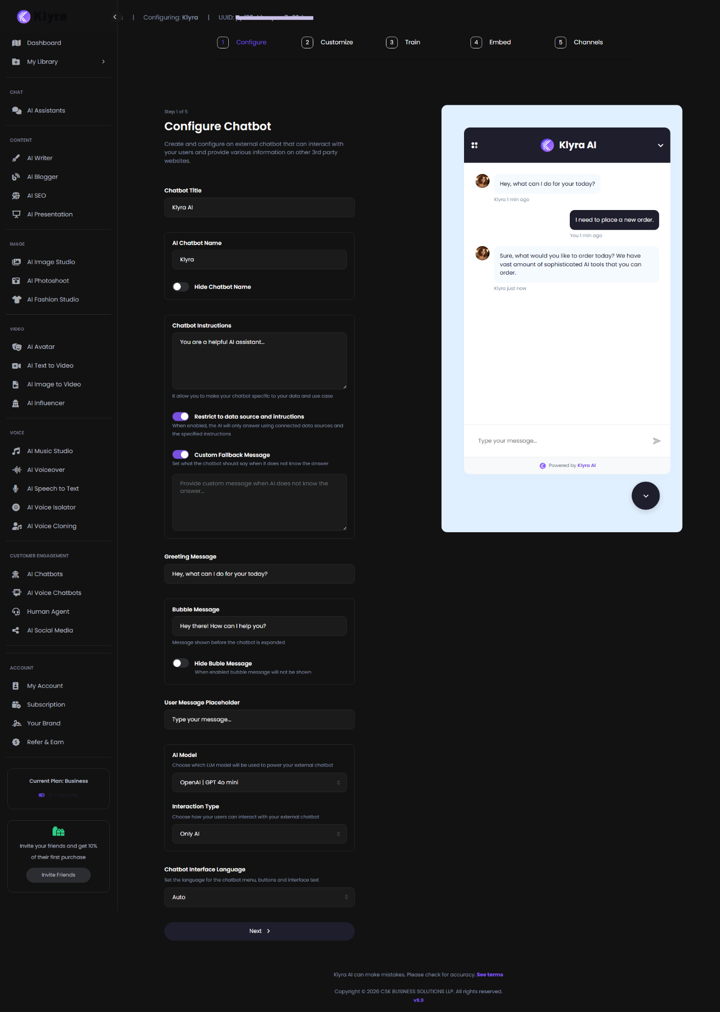 Klyra AI Configure Chatbot step showing chatbot identity, instructions, messages, model, interaction type, and interface language