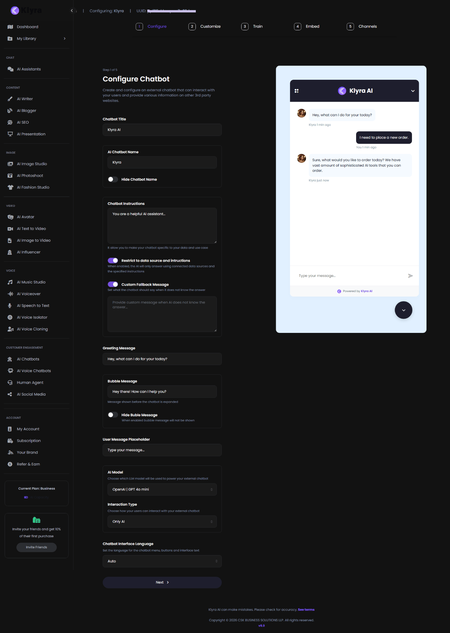 Klyra AI Configure Chatbot step showing chatbot identity, instructions, messages, model, interaction type, and interface language