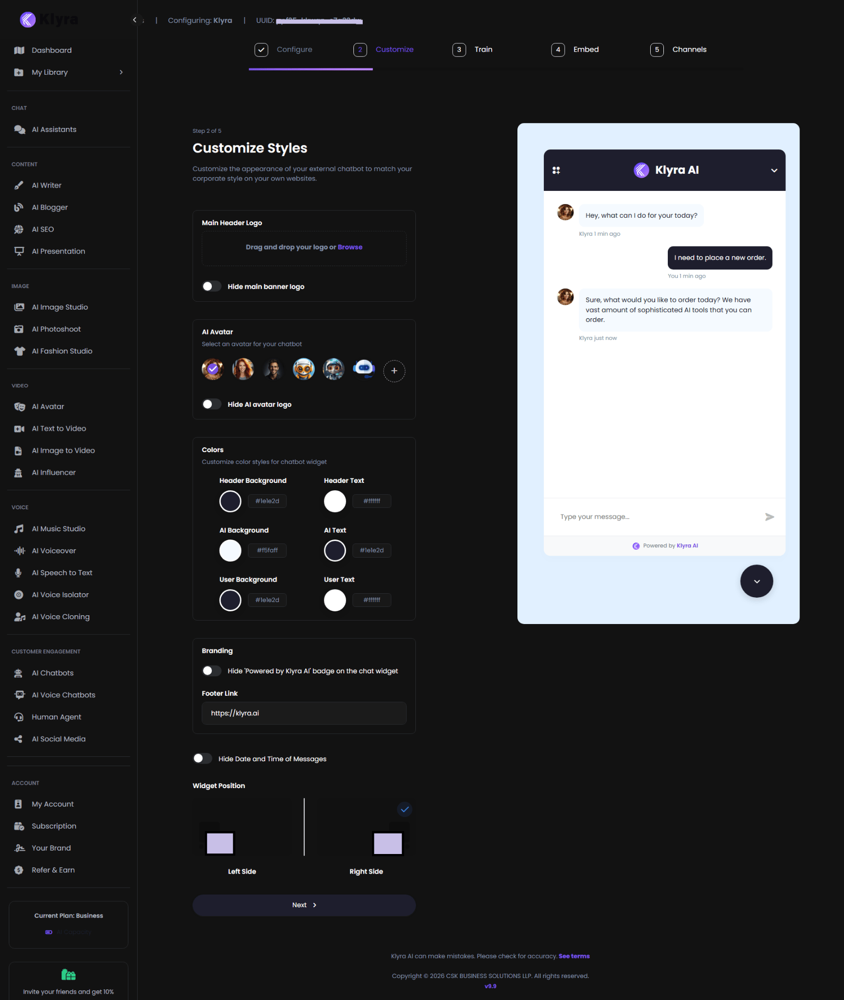 Klyra AI Customize Styles step showing logo, avatar, colors, branding, timestamp, and widget position settings