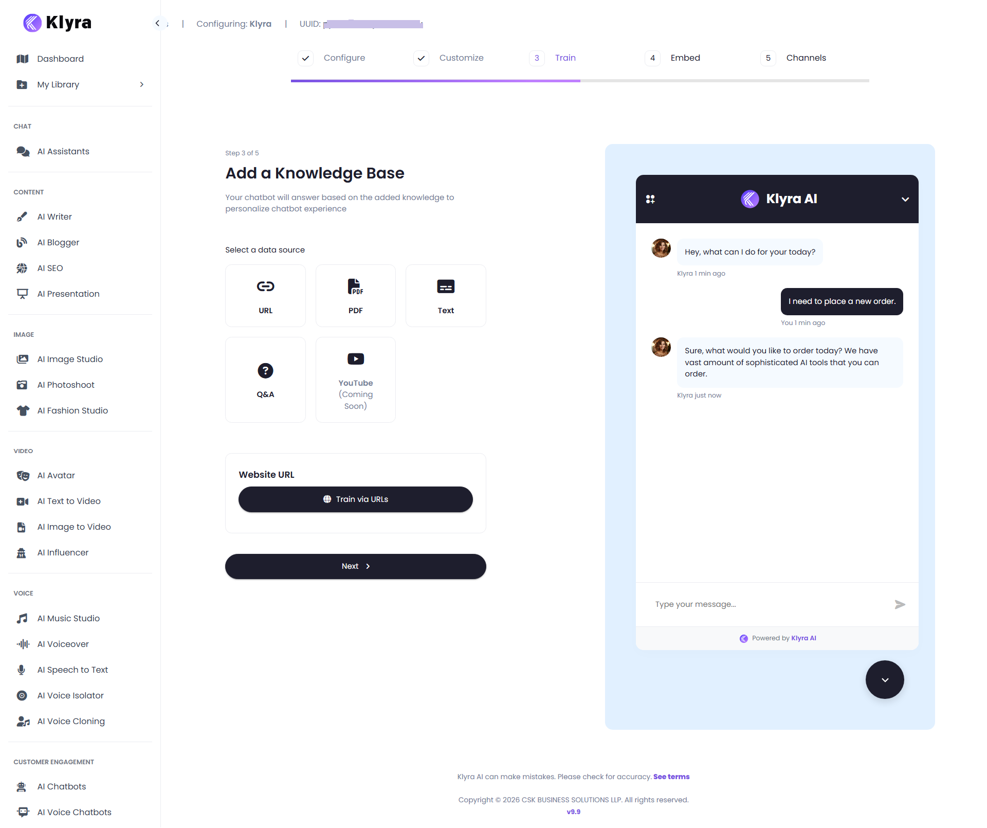 Klyra AI Add a Knowledge Base step showing URL, PDF, Text, Q&A, and Website URL training options