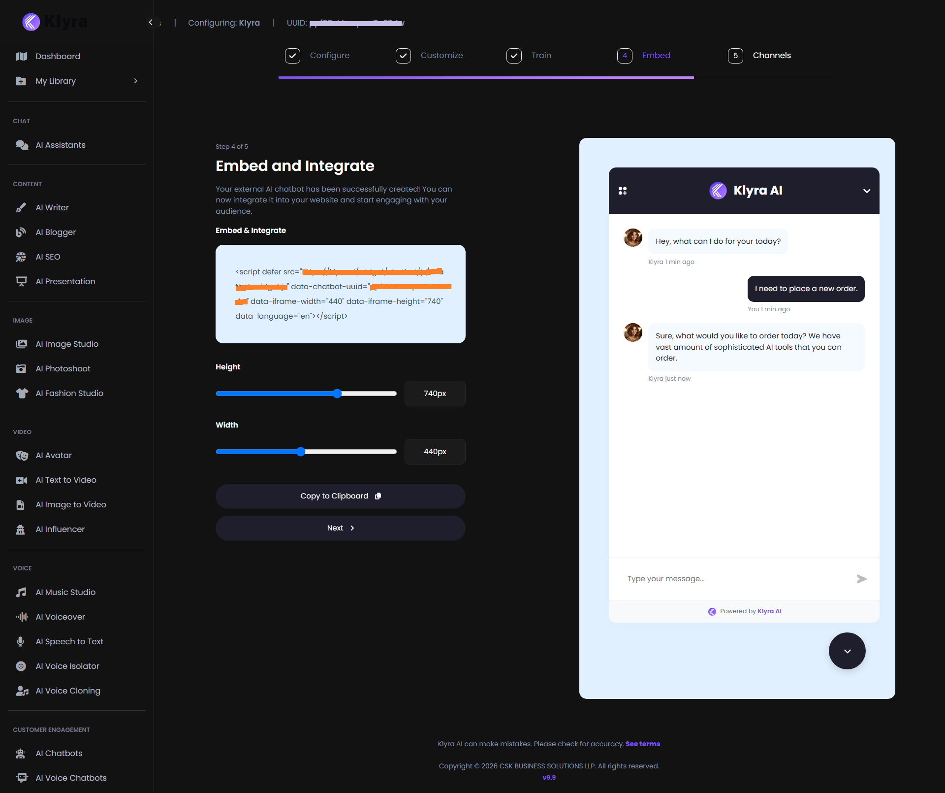 Klyra AI Embed and Integrate step showing chatbot embed code, width, height, and copy controls