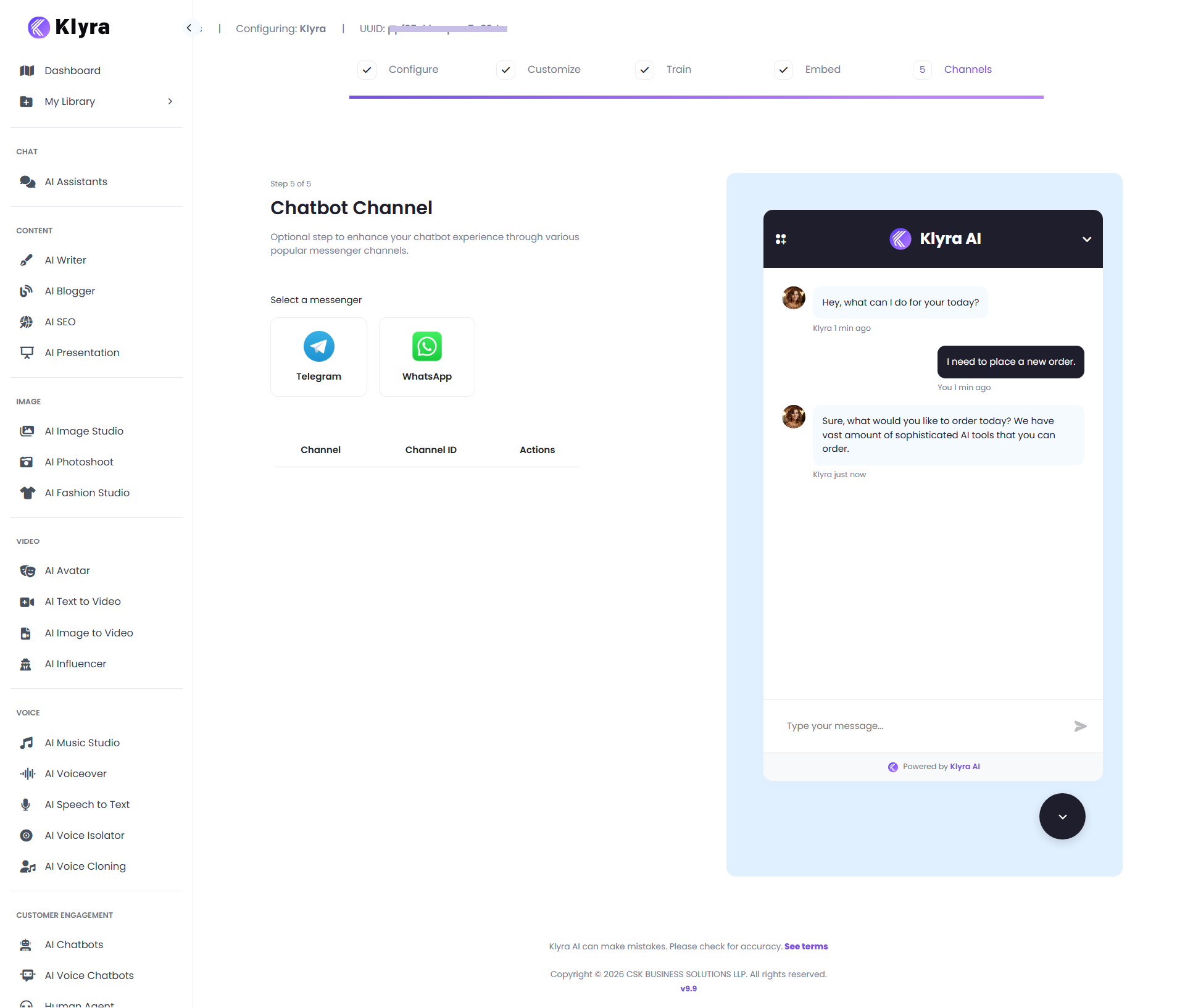 Klyra AI Chatbot Channel step showing Telegram and WhatsApp channel options