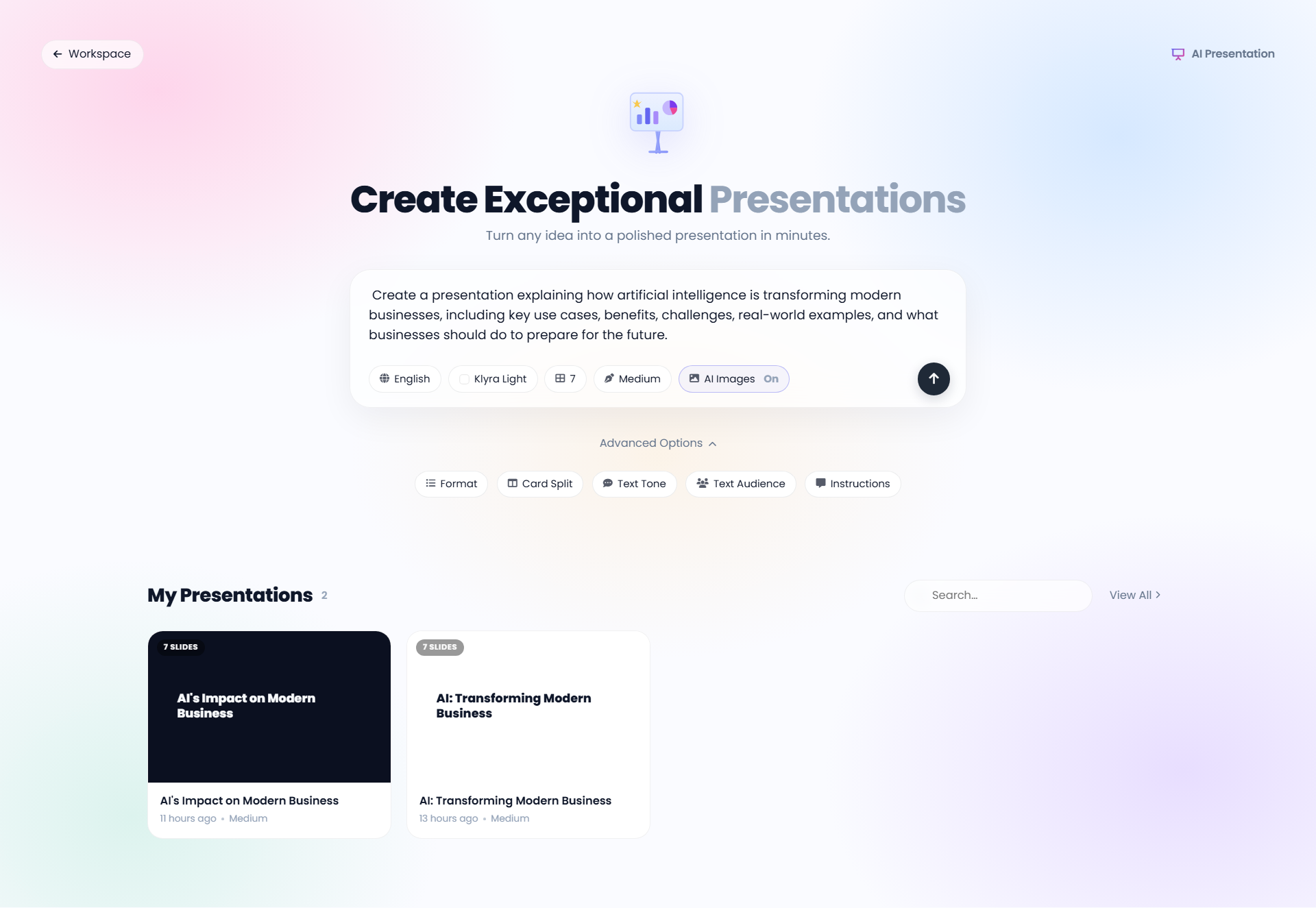 AI Presentation creation
workspace