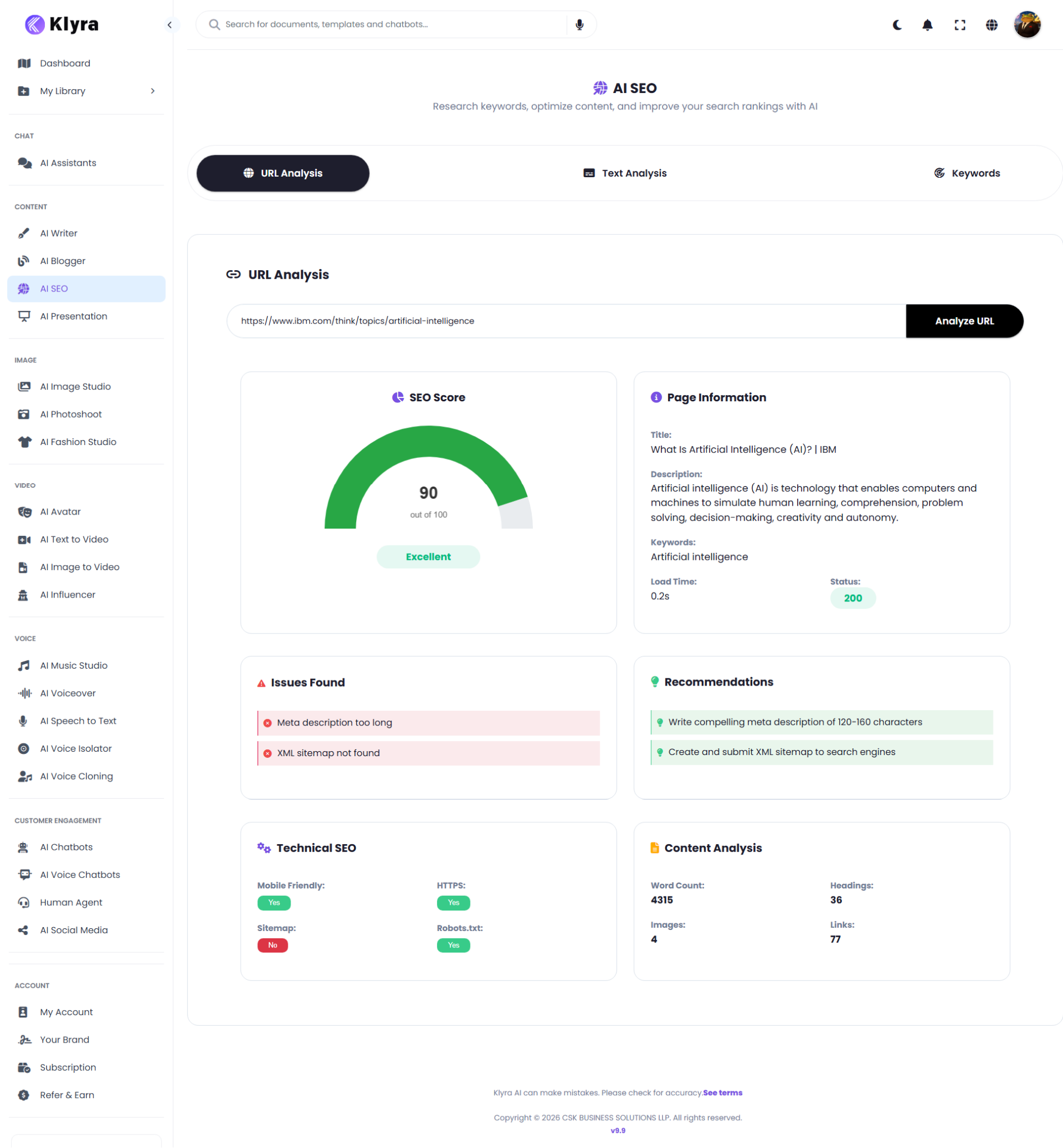 AI SEO URL Analysis input and results