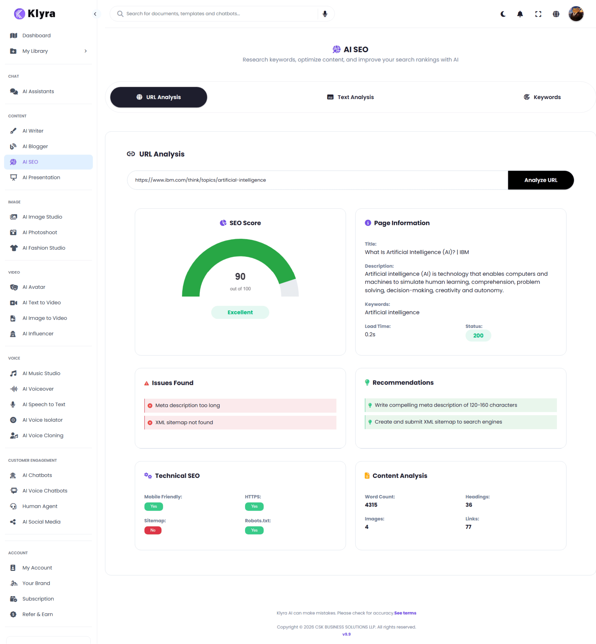 AI SEO URL Analysis input and results