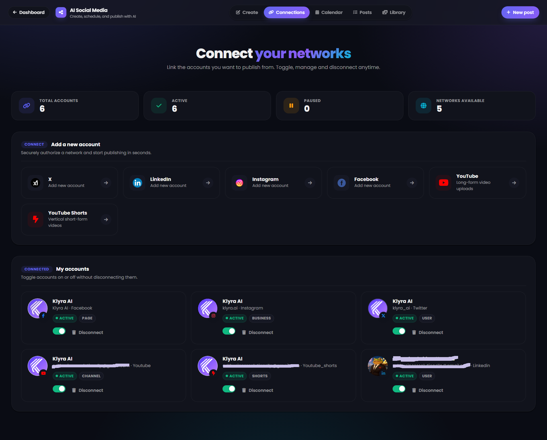 AI Social Media Connections screen showing connected accounts and available social networks
