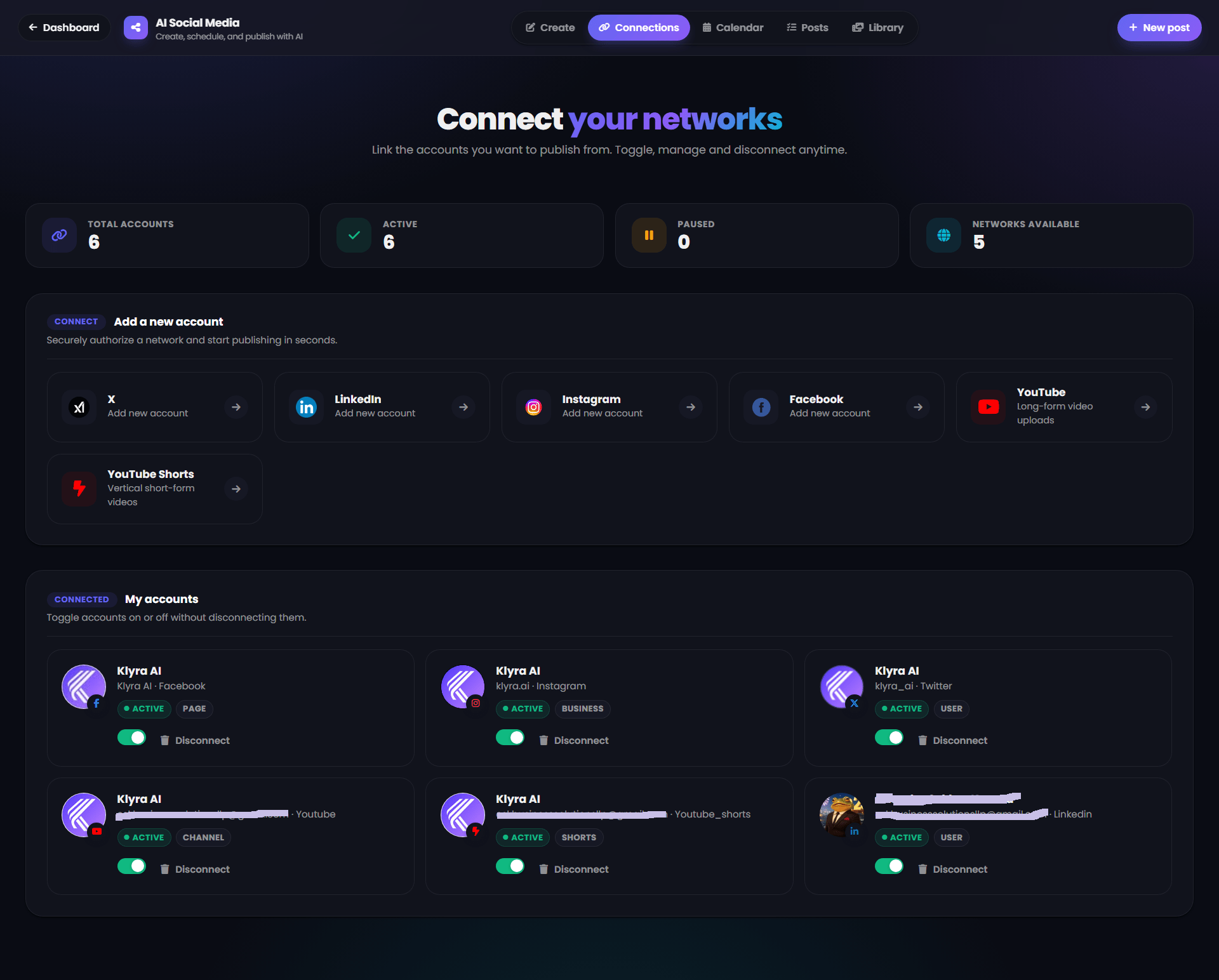 AI Social Media Connections screen showing connected accounts and available social networks
