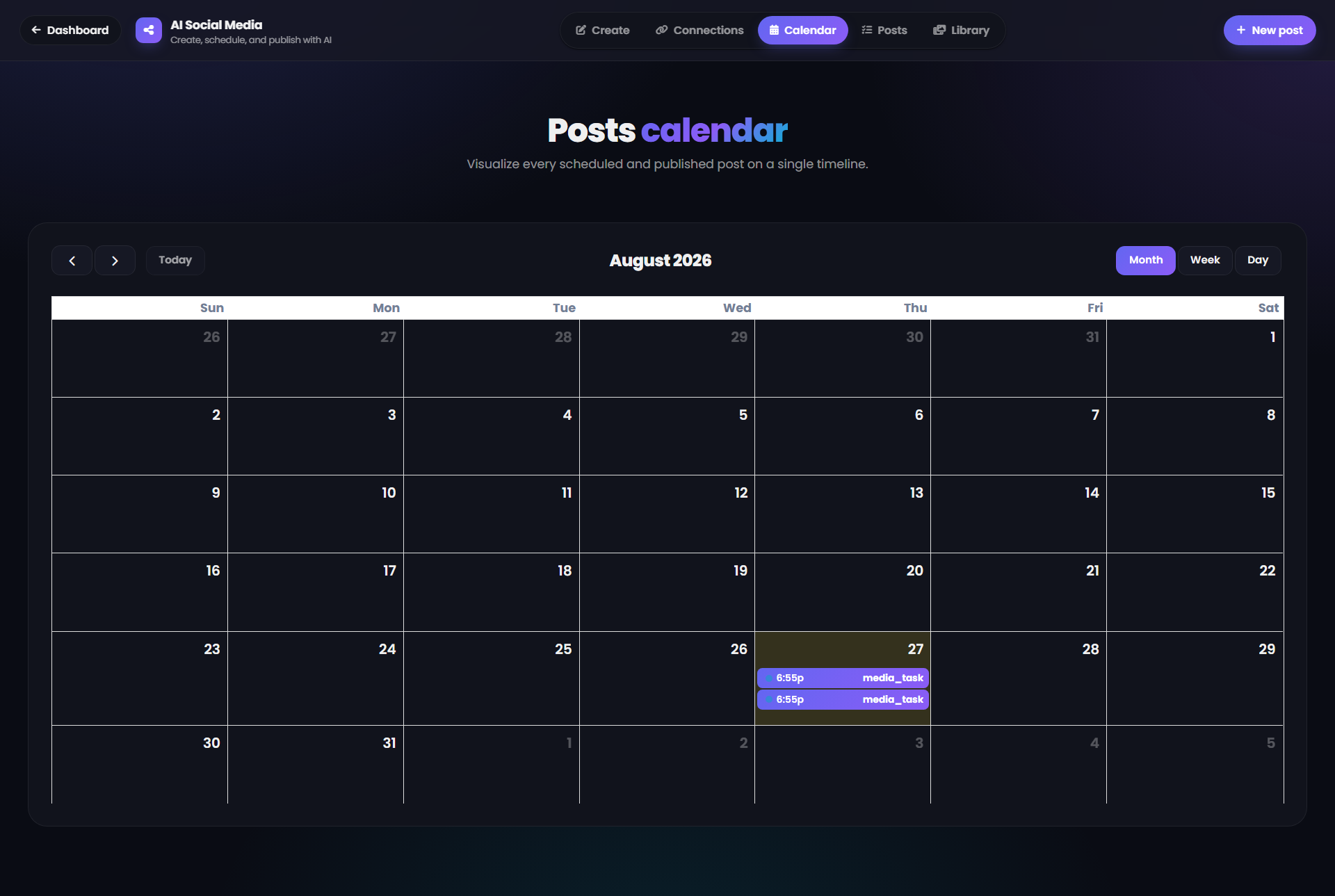 AI Social Media Calendar showing scheduled posts in a monthly calendar view