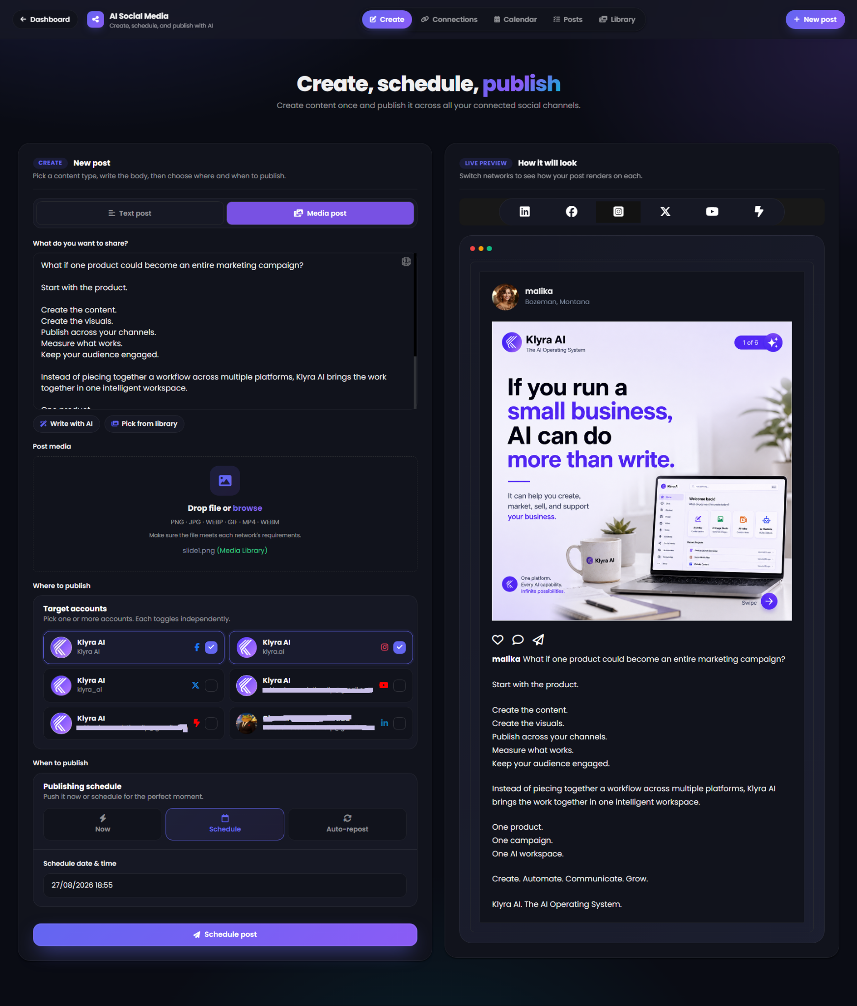 AI Social Media Create screen showing the post composer, target accounts, publishing schedule, and live preview