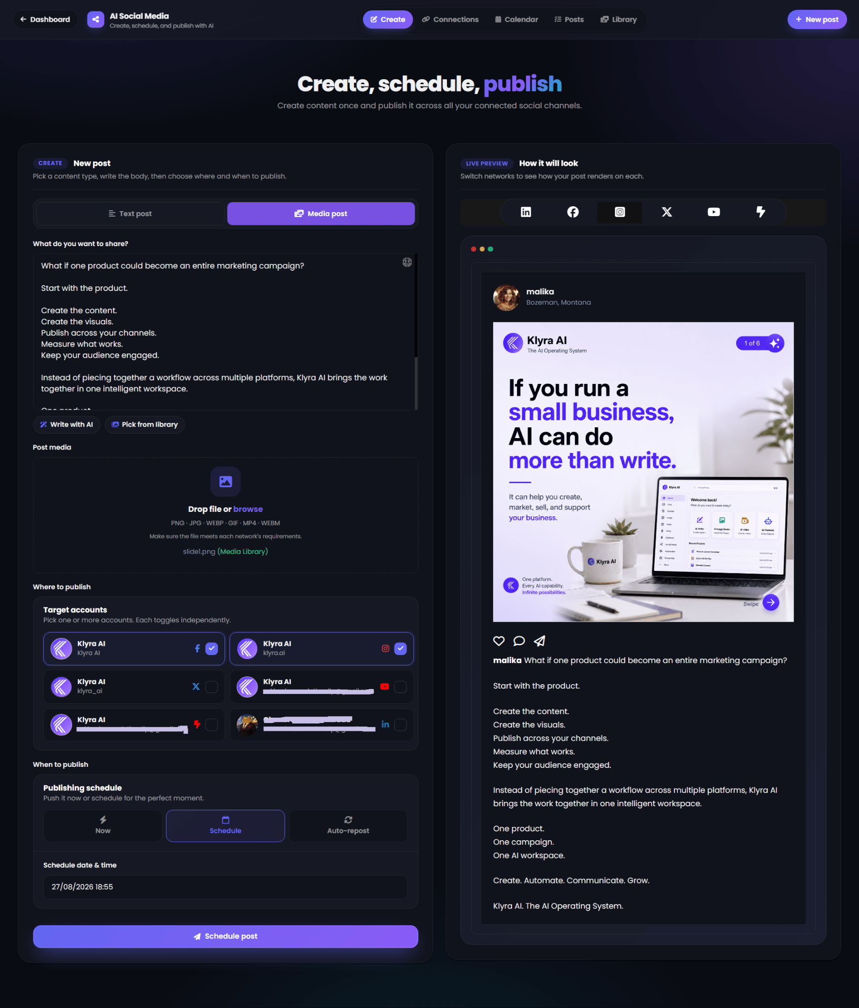 AI Social Media Create screen showing the post composer, target accounts, publishing schedule, and live preview