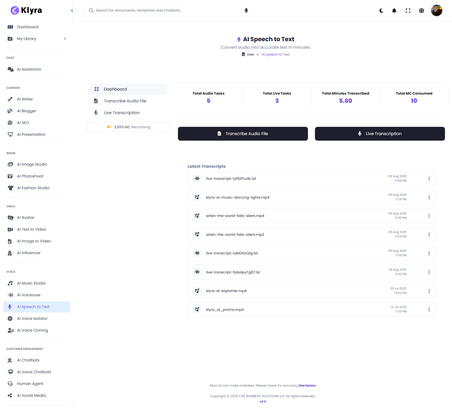 AI Speech to Text dashboard showing Transcribe Audio File and Live Transcription options