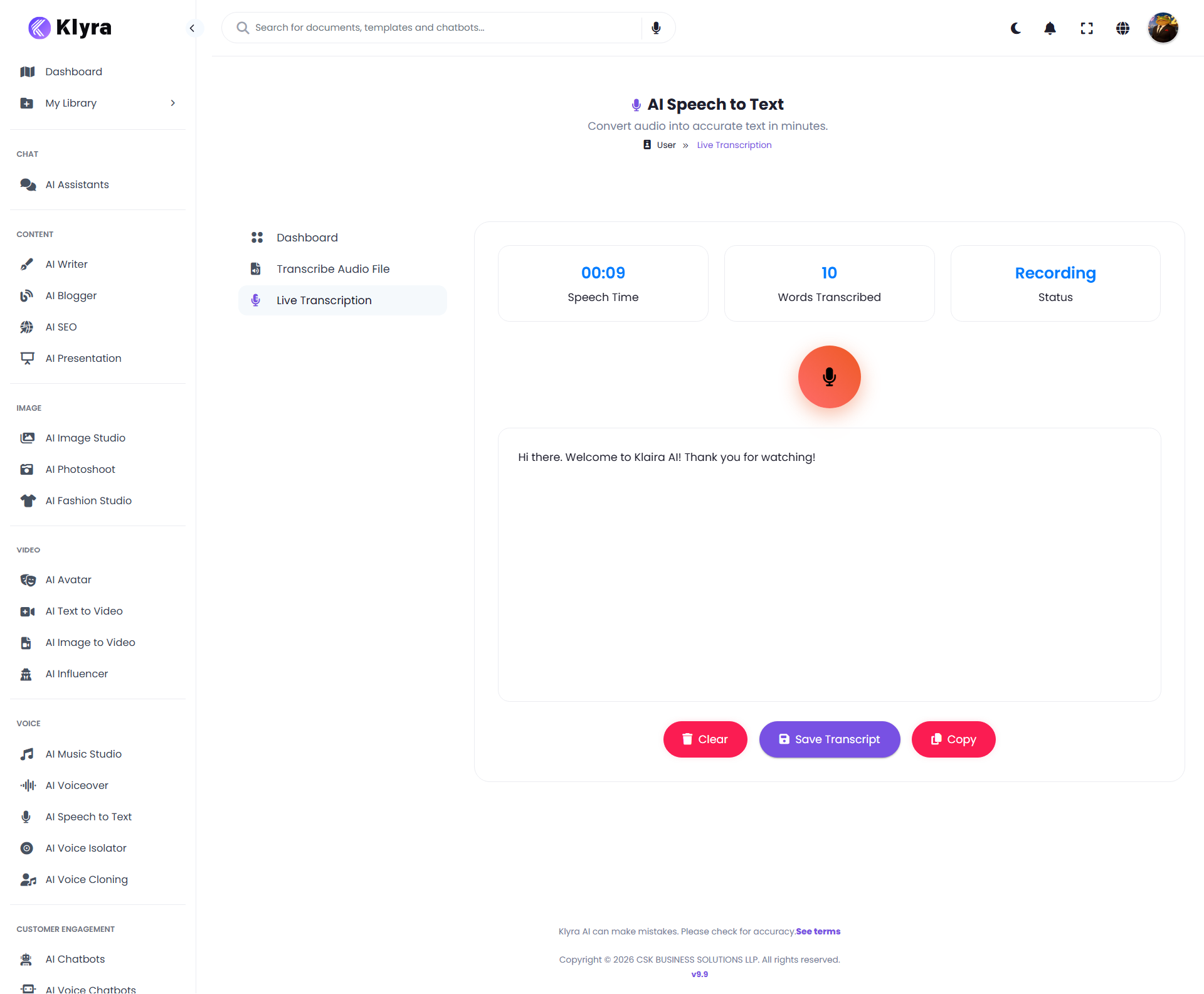 AI Speech to Text Live Transcription screen showing speech time, words transcribed, recording status, microphone control, transcript area, and save and copy actions
