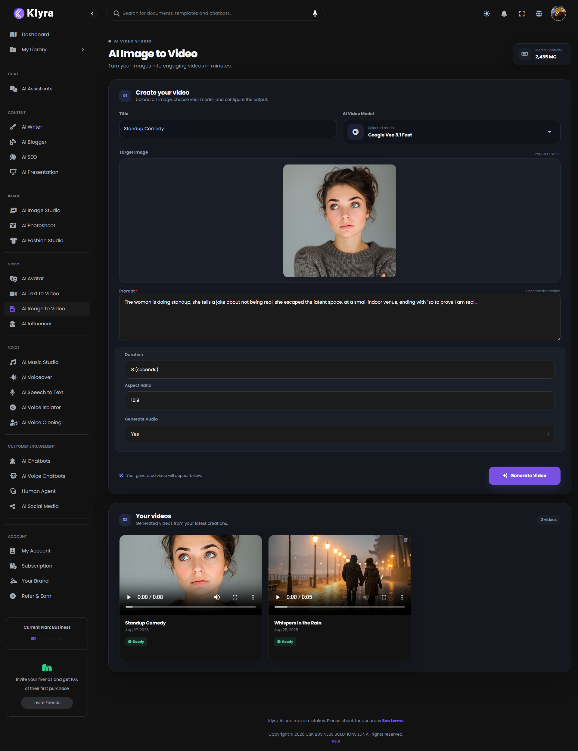 Klyra AI Image to Video interface showing image upload, preview, video model, prompt, duration, aspect ratio, and generated result