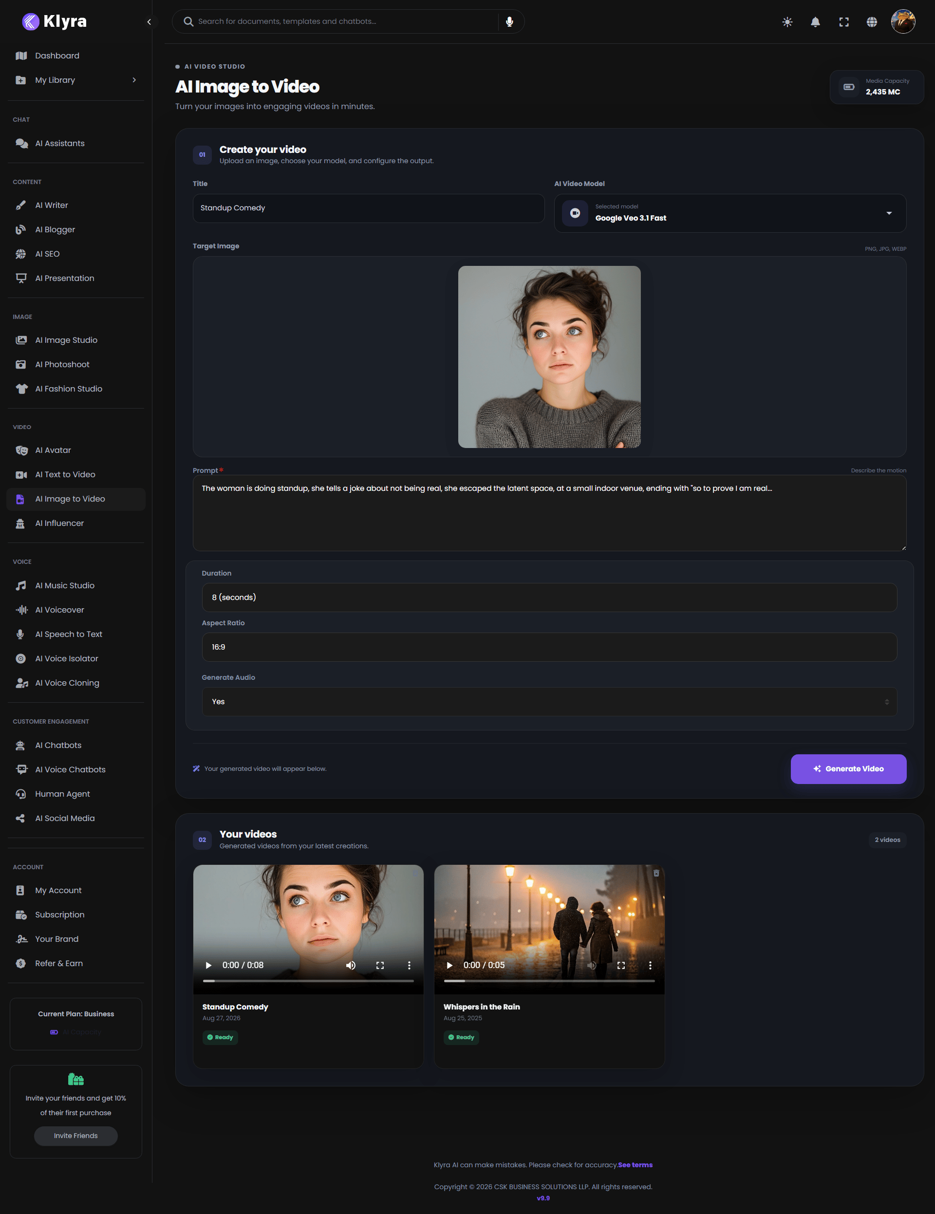 Klyra AI Image to Video interface showing image upload, preview, video model, prompt, duration, aspect ratio, and generated result