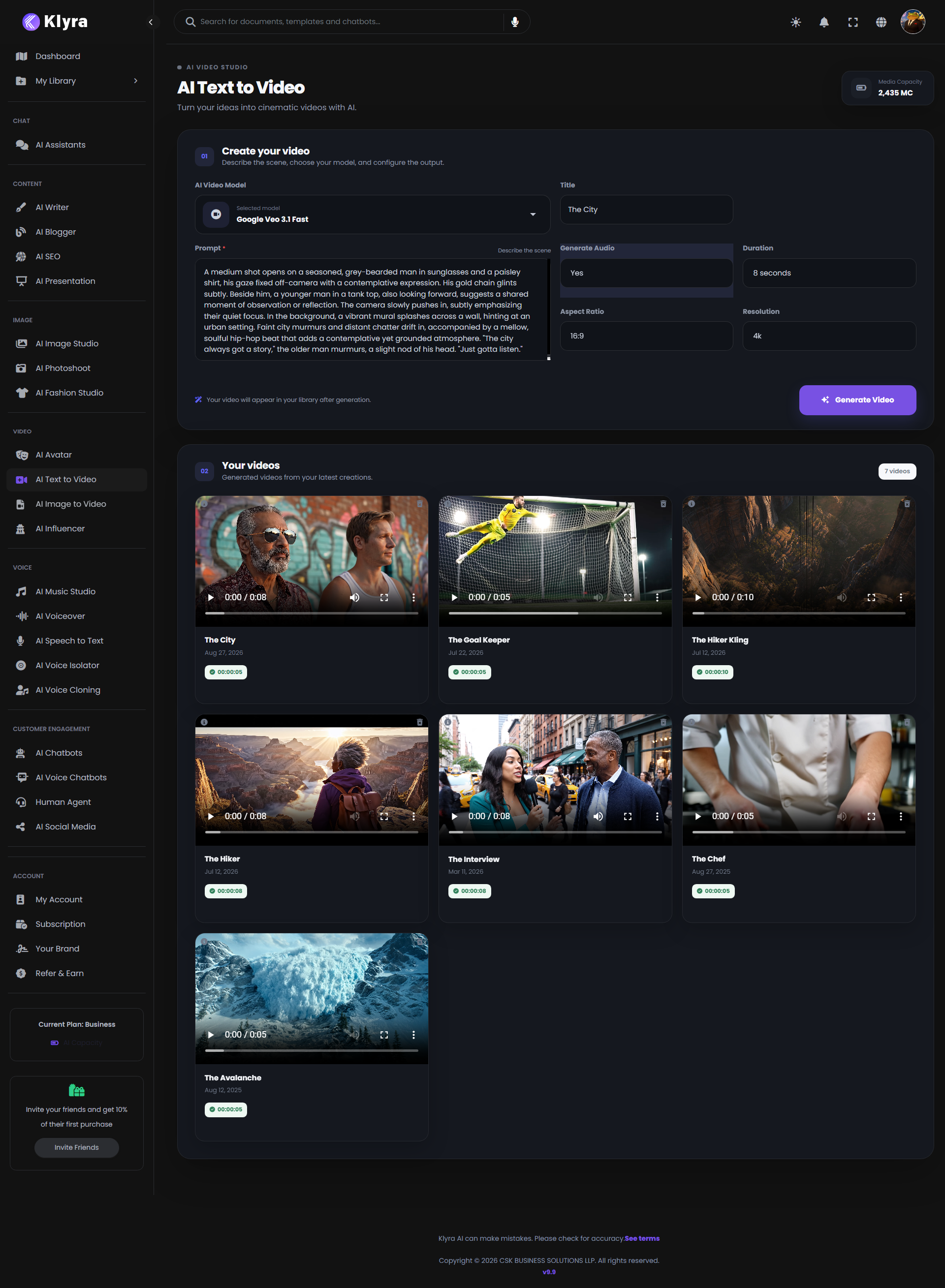 Klyra AI Text to Video interface showing the video model selector, title, prompt, audio, duration, aspect ratio, resolution, and generated video library