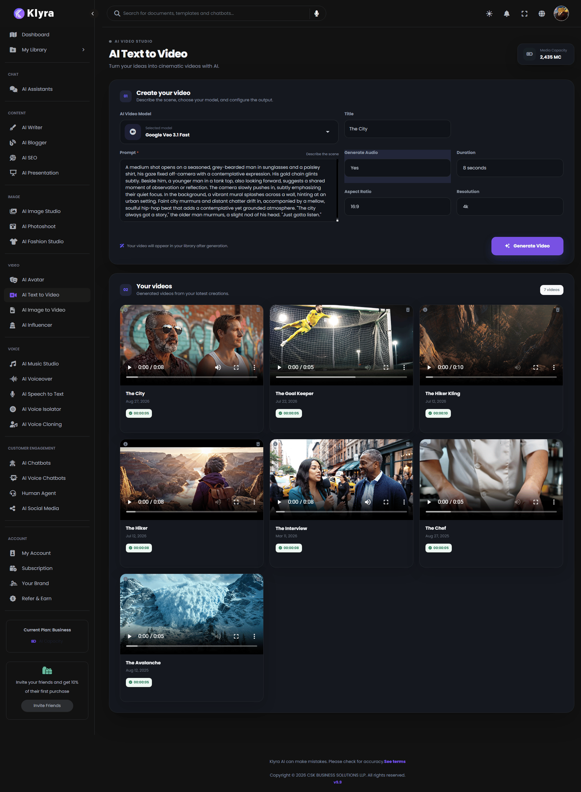 Klyra AI Text to Video interface showing the video model selector, title, prompt, audio, duration, aspect ratio, resolution, and generated video library