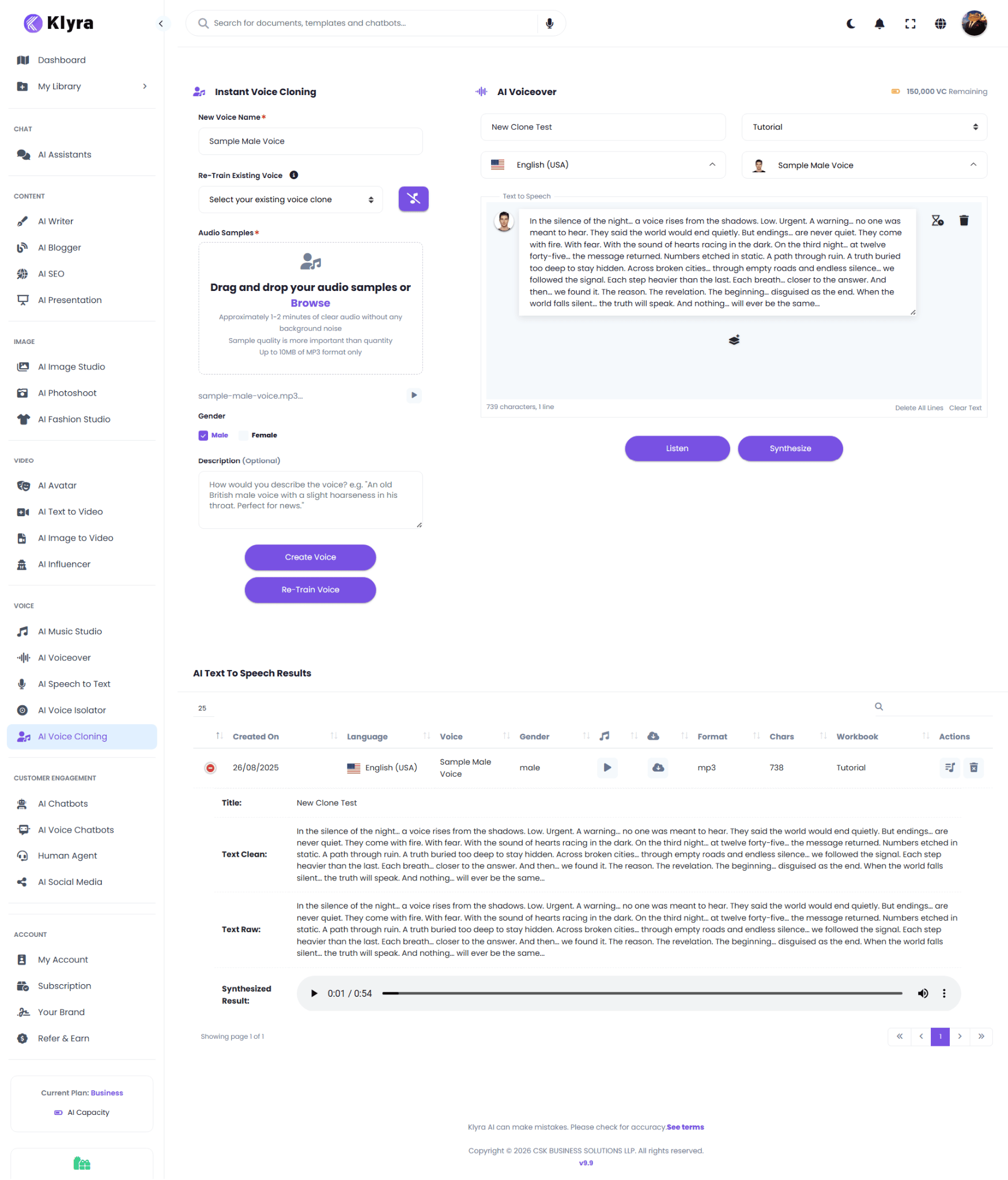 Klyra AI Voice Cloning workspace showing Instant Voice Cloning and AI Voiceover