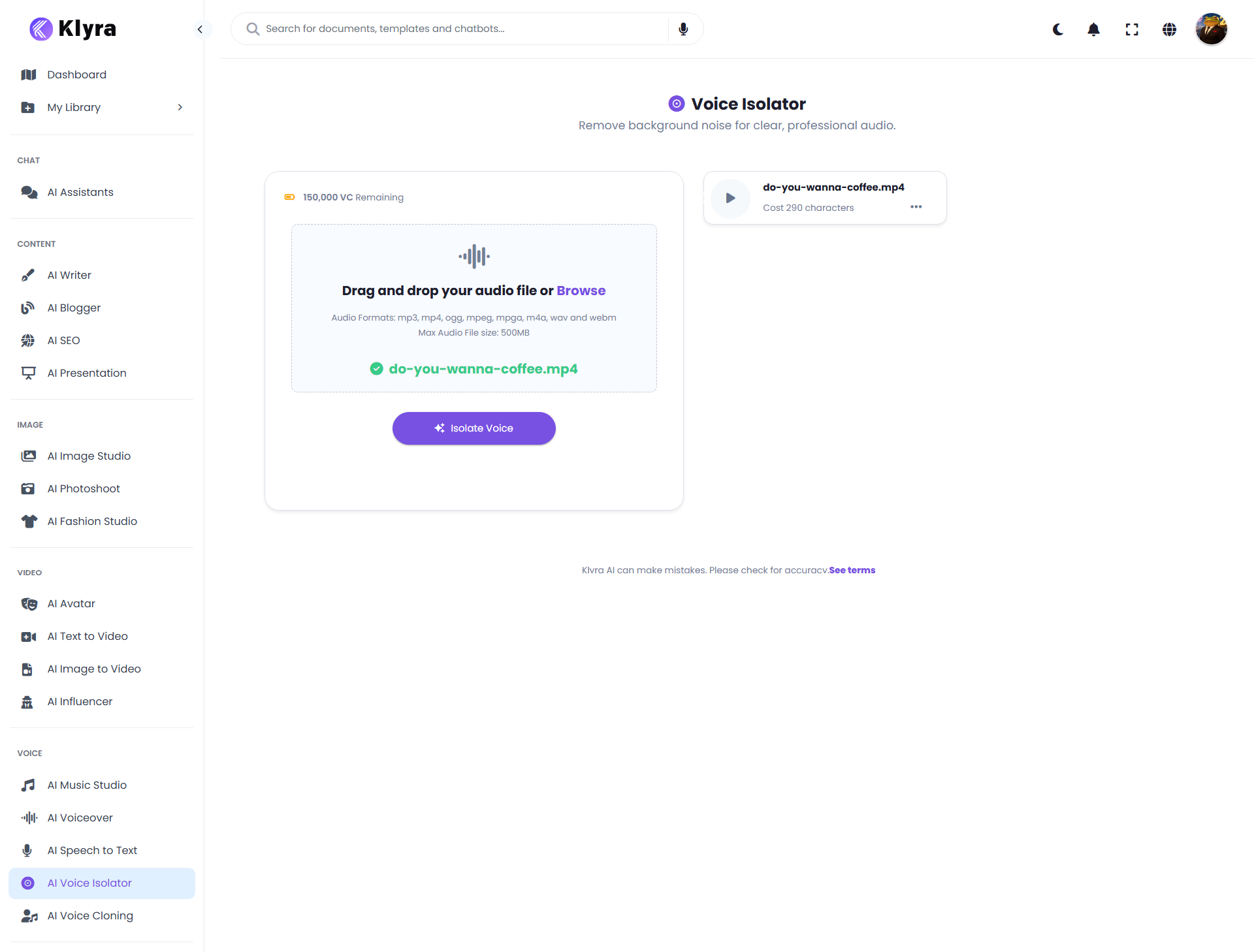 Klyra AI Voice Isolator workspace showing the audio upload area and Isolate Voice button