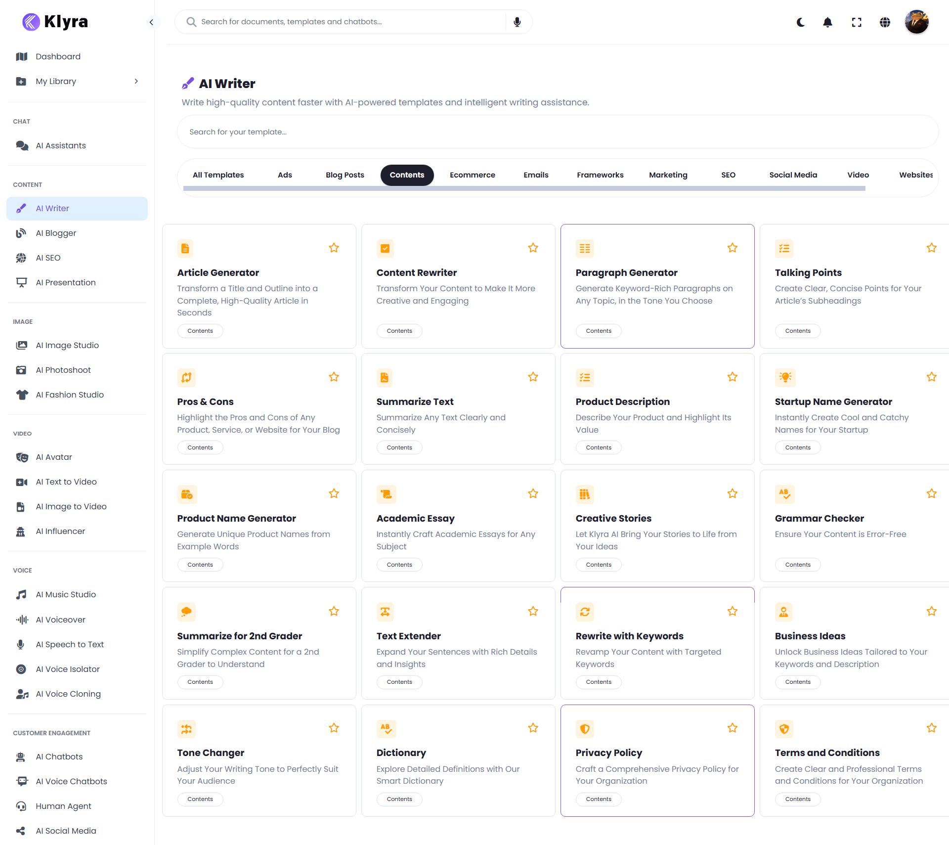 AI Writer workspace showing the template library