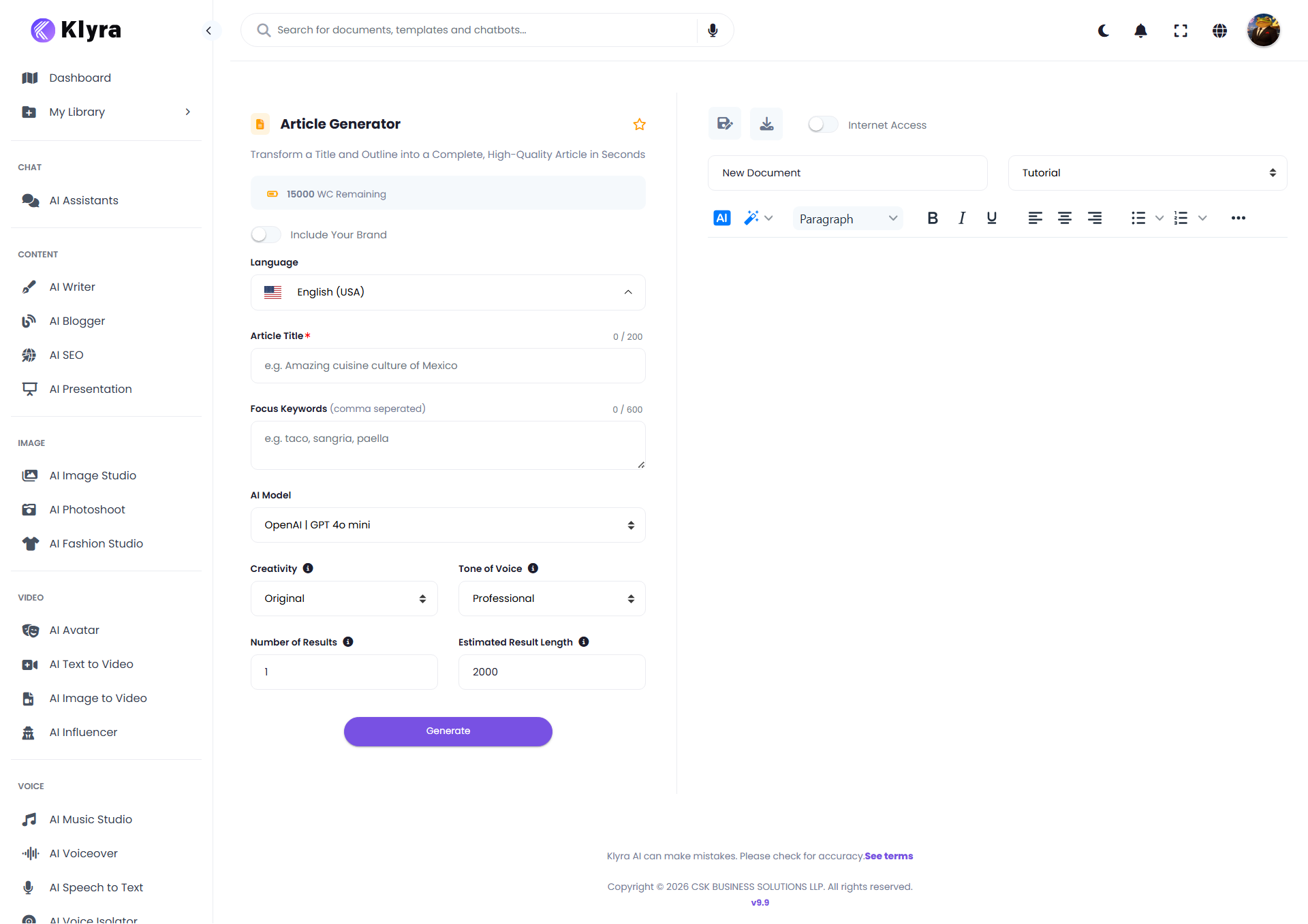 Article Generator showing the input form before generation