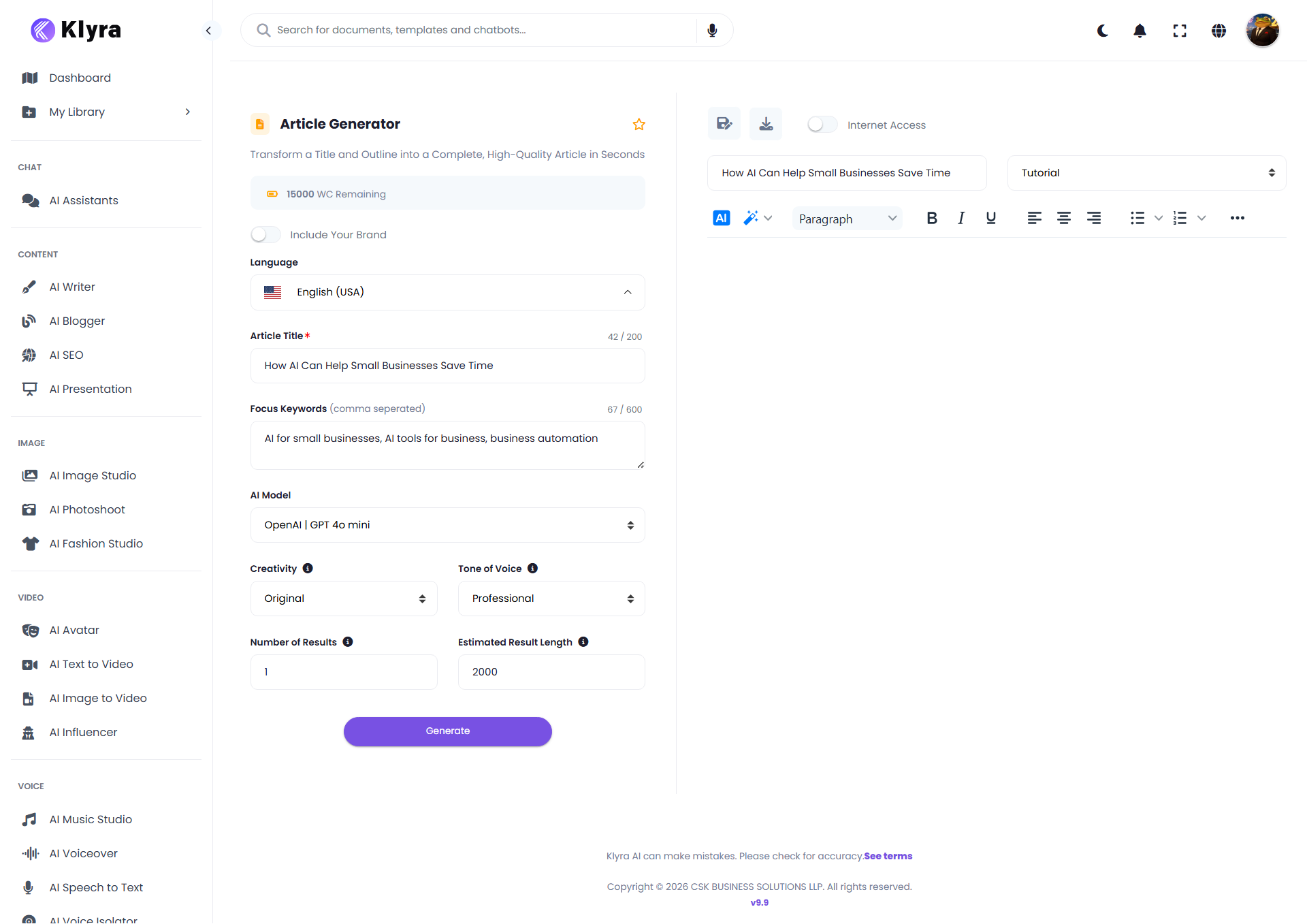 Article Generator with the document name entered