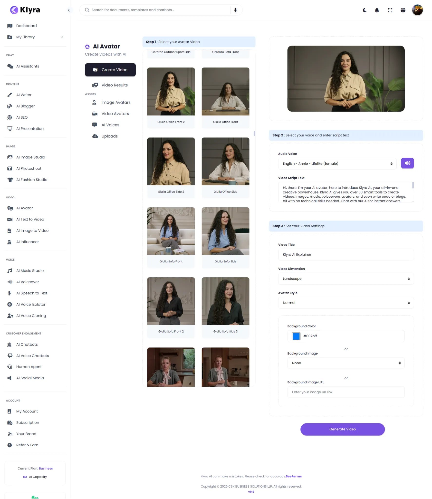 AI Avatar Create Video from AI Avatar Videos workflow showing the video avatar gallery