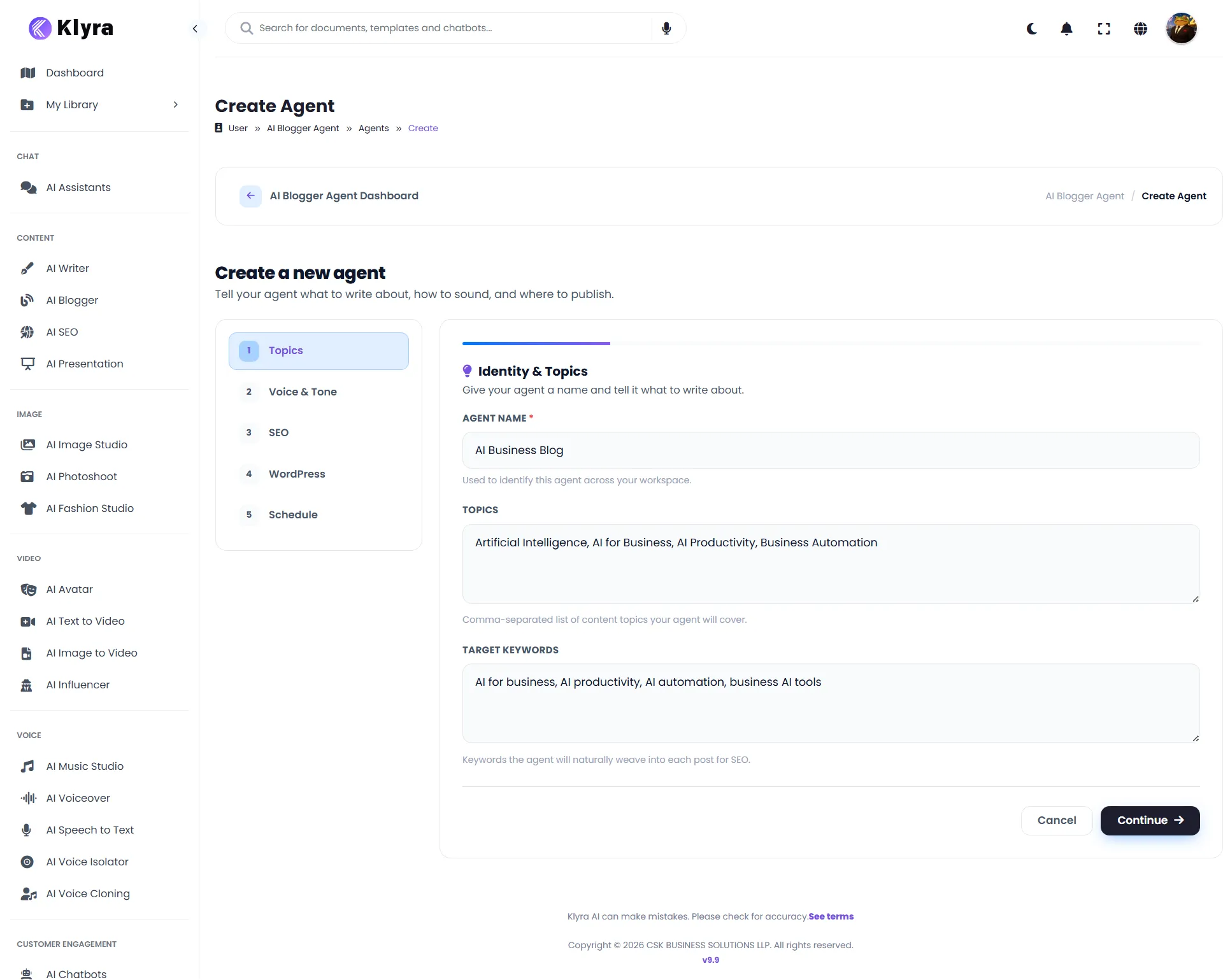 AI Blogger Create Agent Topics step showing agent name, topics, and target keywords