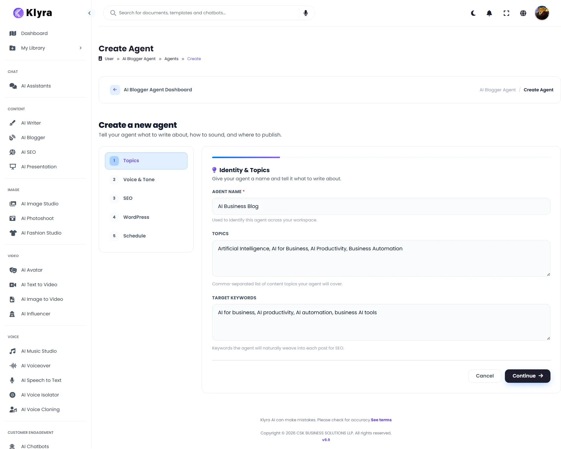 AI Blogger Create Agent Topics step showing agent name, topics, and target keywords