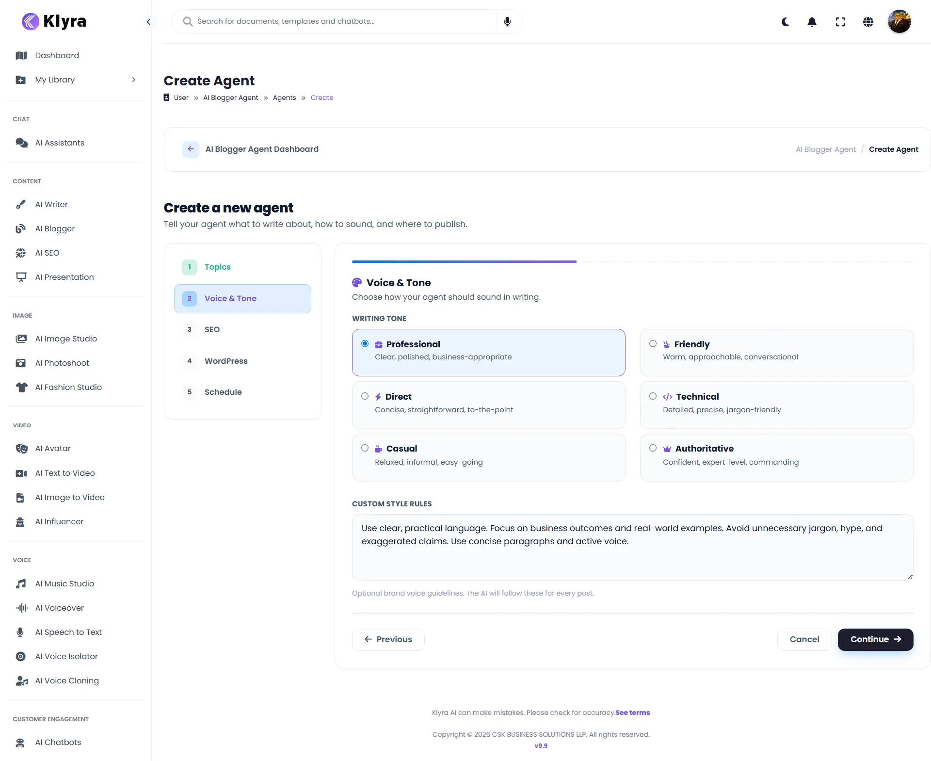 AI Blogger Create Agent Voice and Tone step showing writing tone options and custom style rules