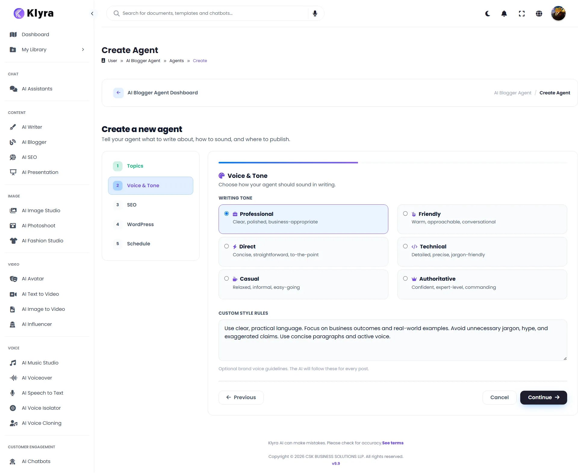 AI Blogger Create Agent Voice and Tone step showing writing tone options and custom style rules