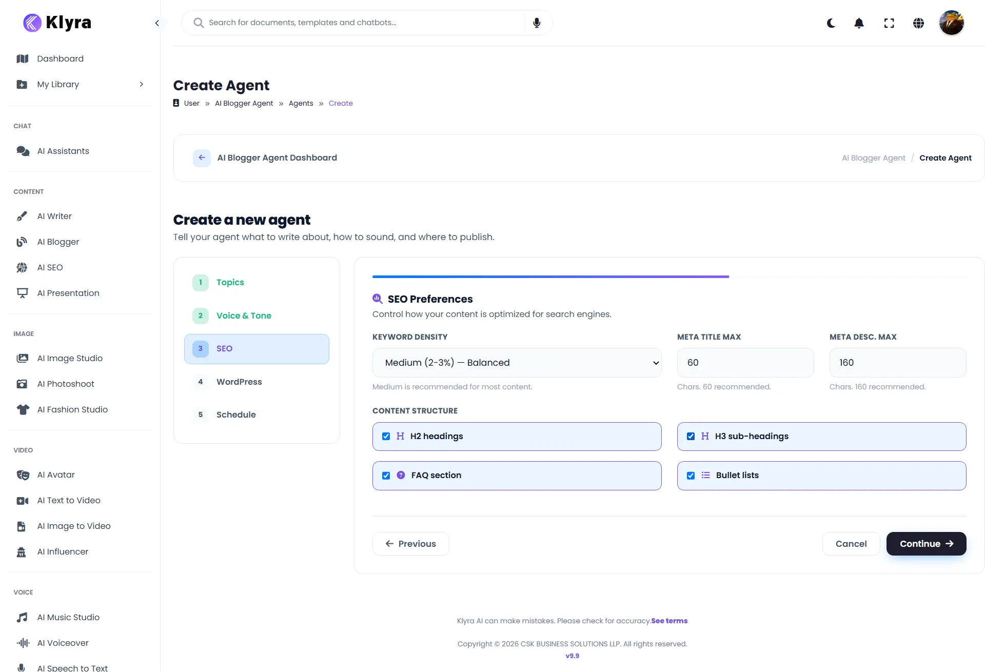AI Blogger SEO Preferences step showing keyword density, metadata limits, and content structure options