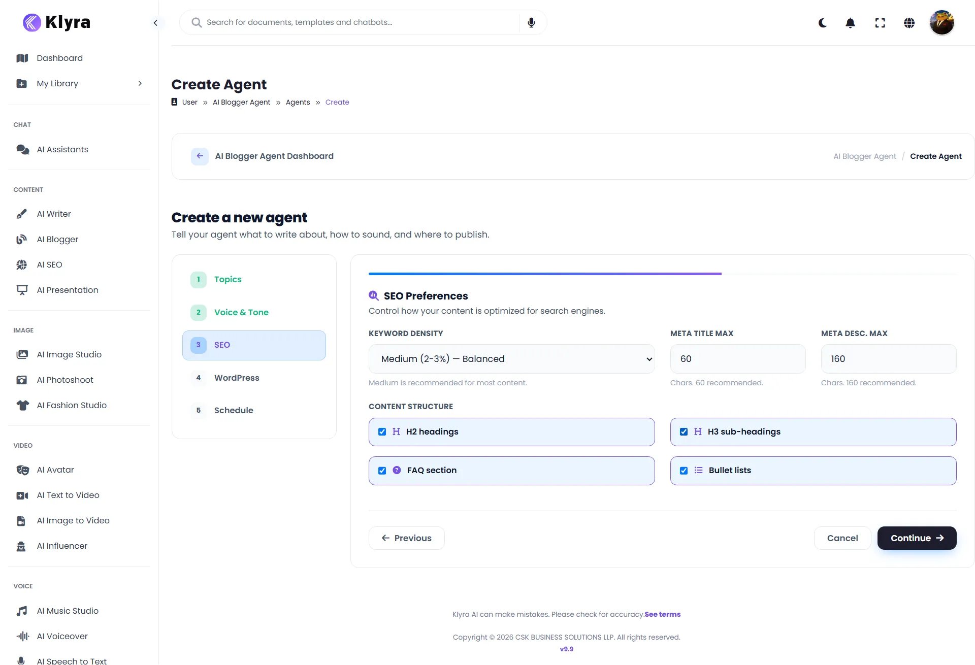 AI Blogger SEO Preferences step showing keyword density, metadata limits, and content structure options