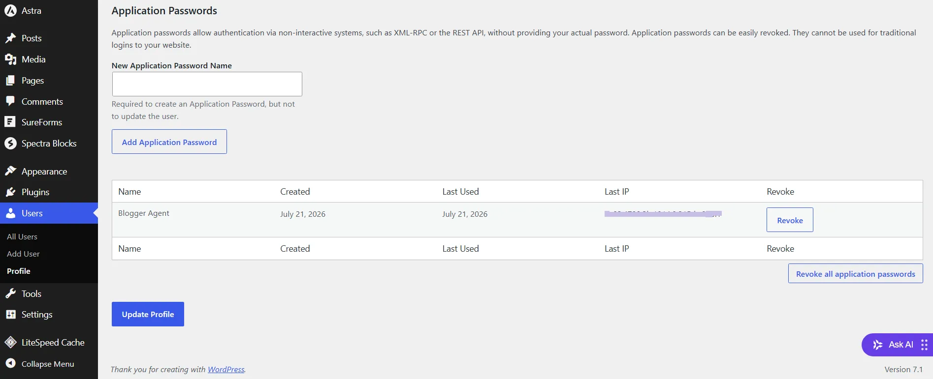 WordPress Application Passwords screen showing an existing Blogger Agent application password