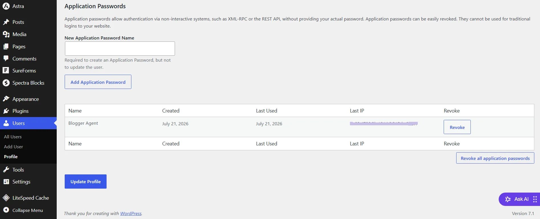 WordPress Application Passwords screen showing an existing Blogger Agent application password