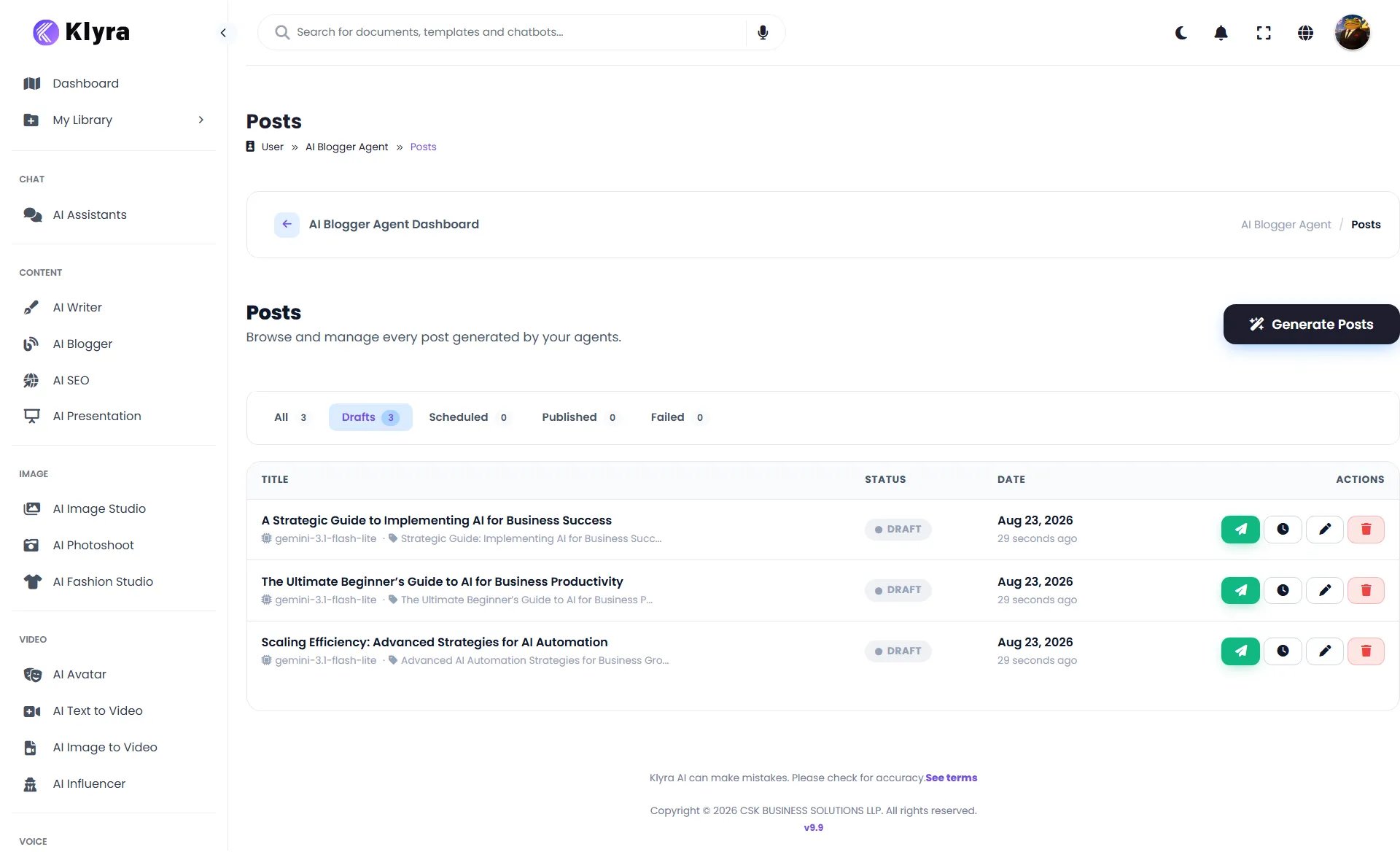 AI Blogger Posts page showing generated draft posts and post actions