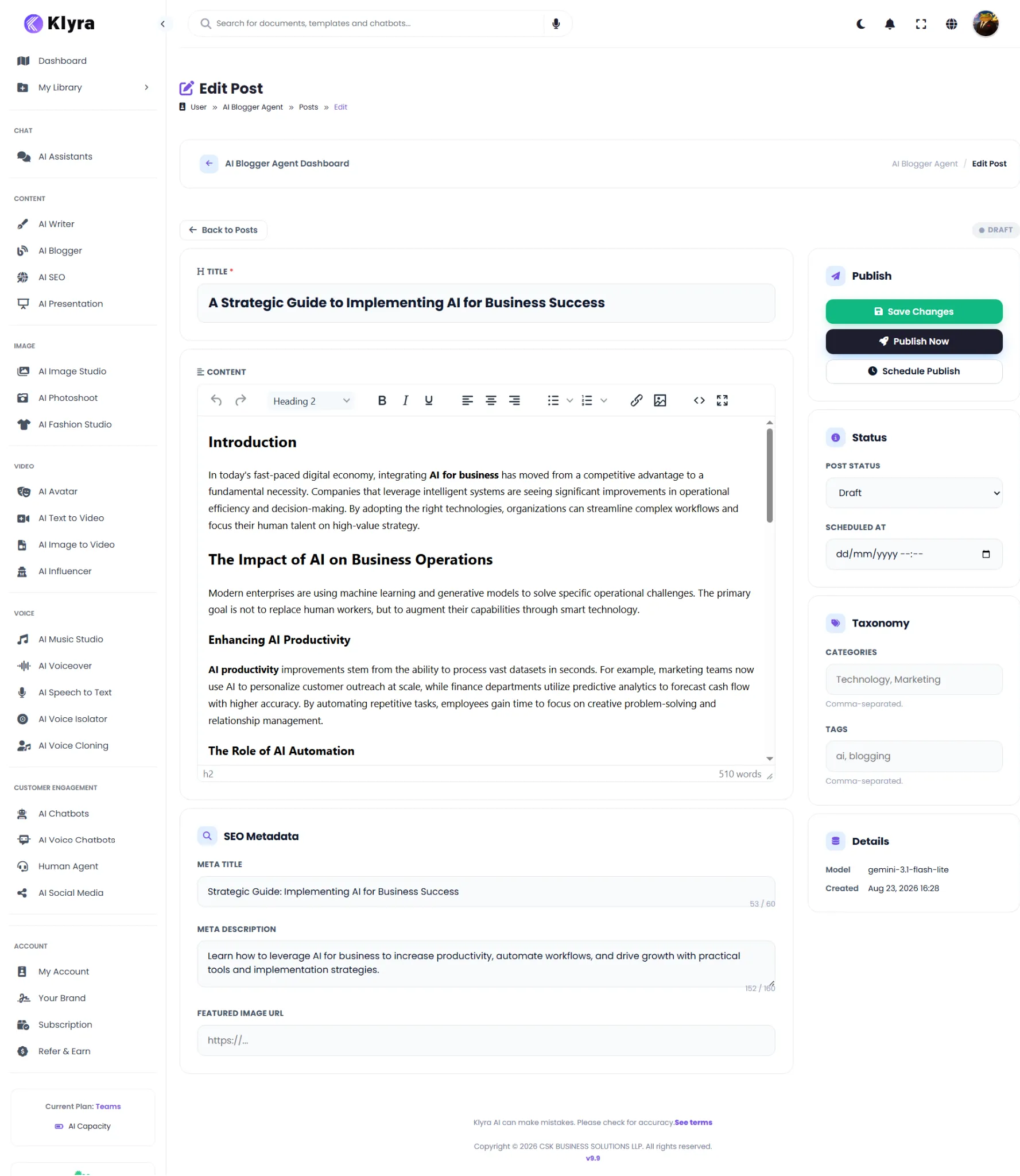 AI Blogger Edit Post screen showing the article editor, publishing controls, taxonomy, SEO metadata, and post details