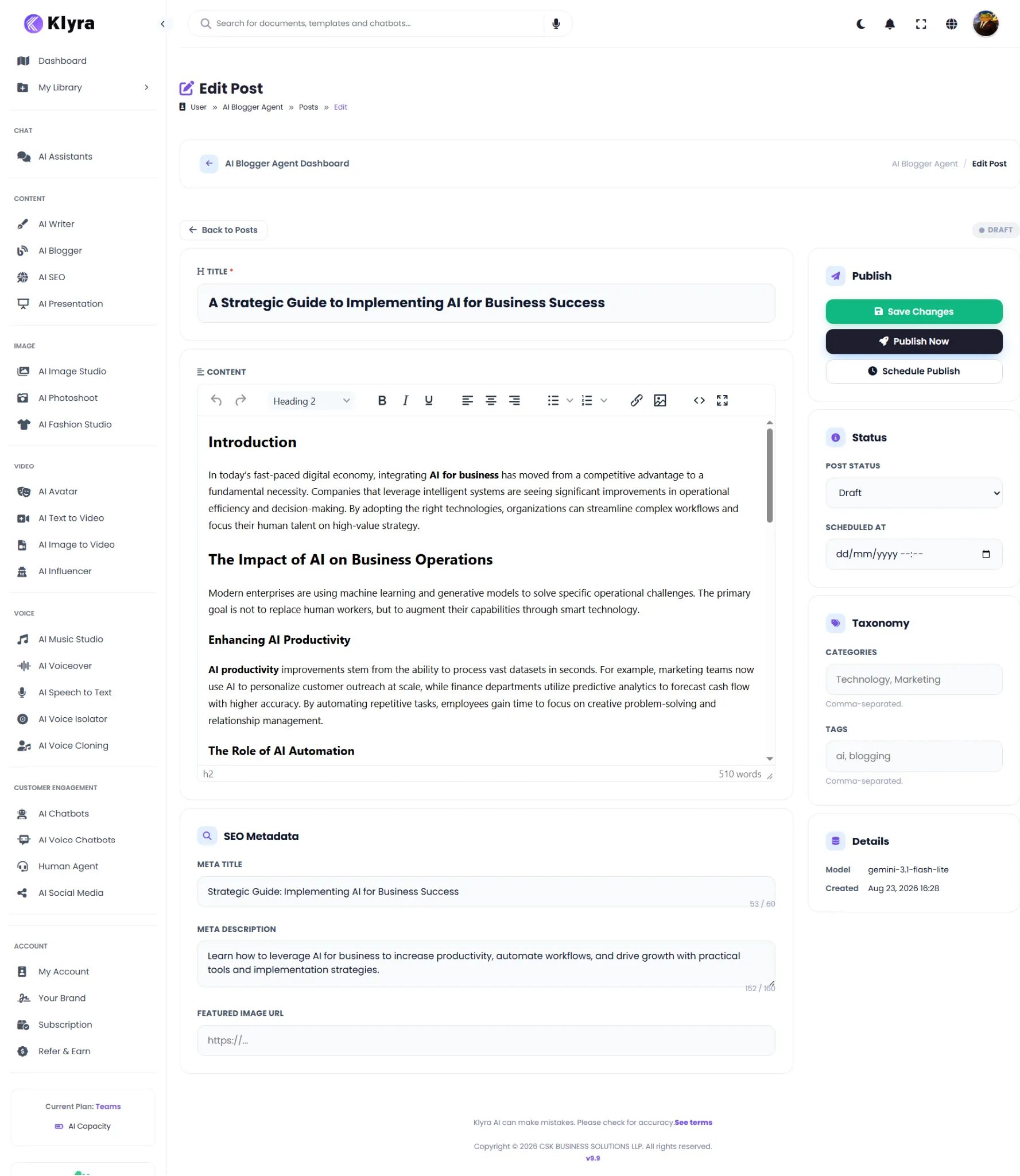 AI Blogger Edit Post screen showing the article editor, publishing controls, taxonomy, SEO metadata, and post details