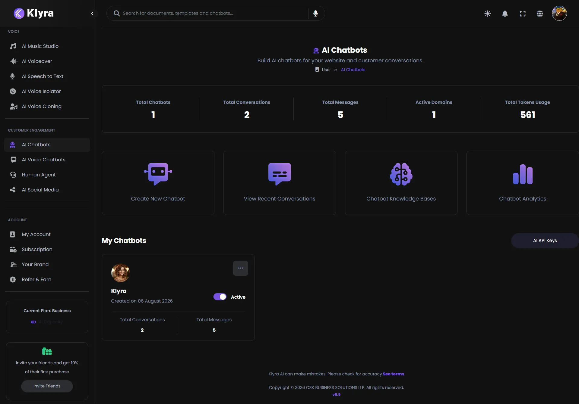 Klyra AI Chatbots dashboard showing chatbot metrics, creation shortcuts, and an existing chatbot